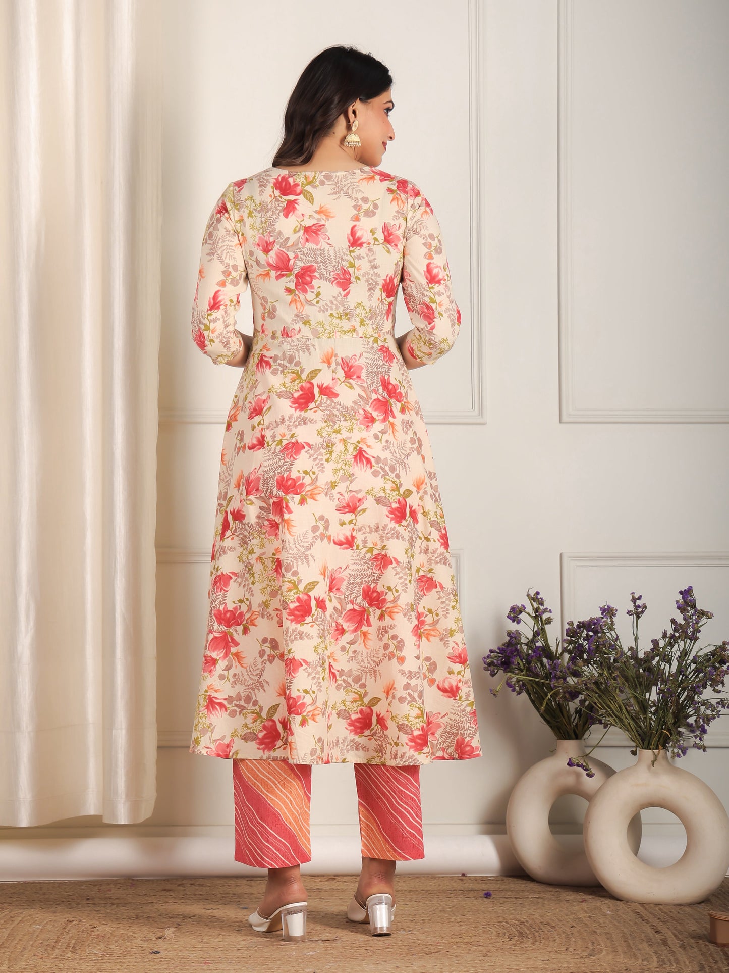Soft Cotton Floral Anarkali Beige Kurta