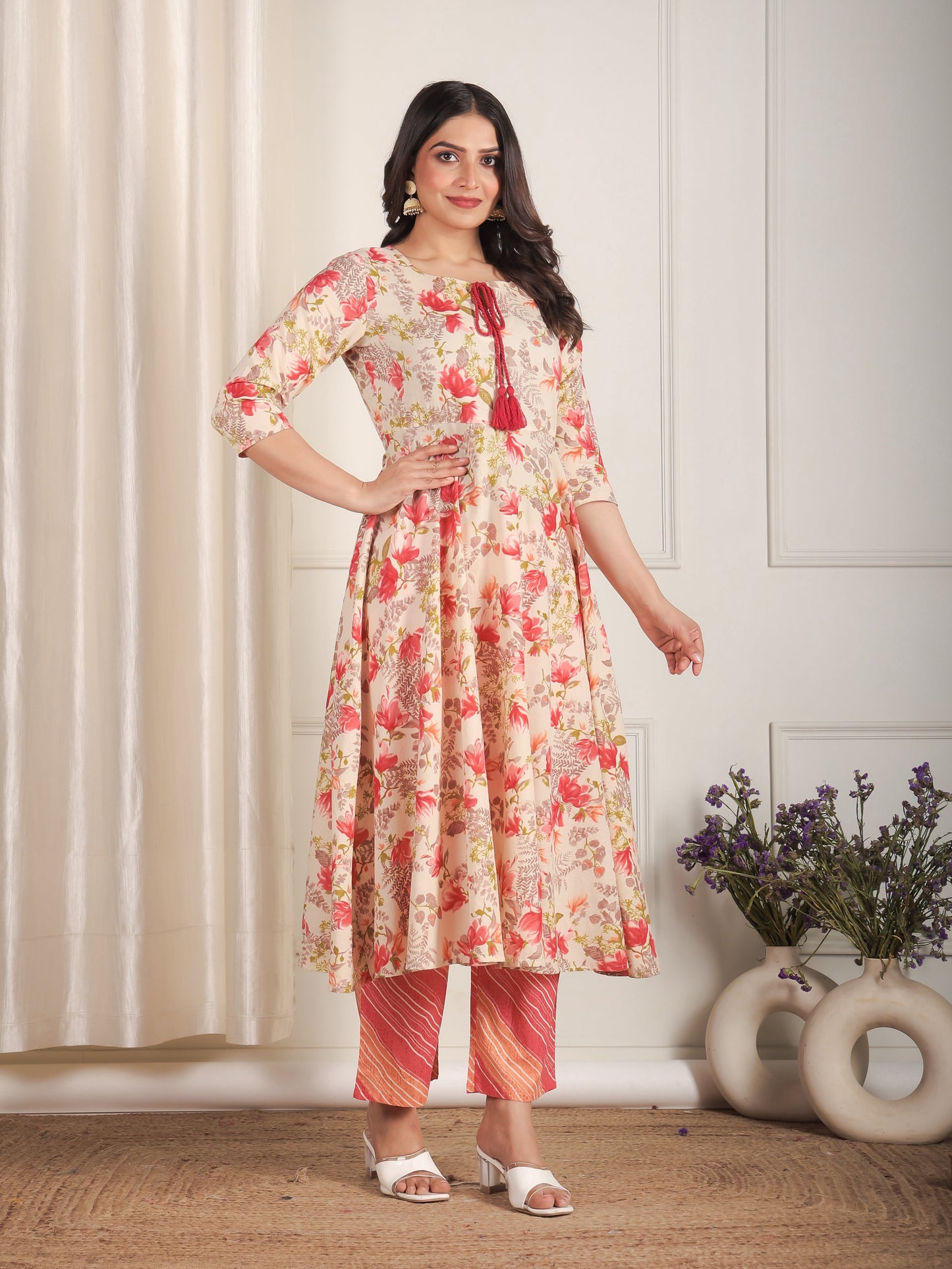 Soft Cotton Floral Anarkali Beige Kurta