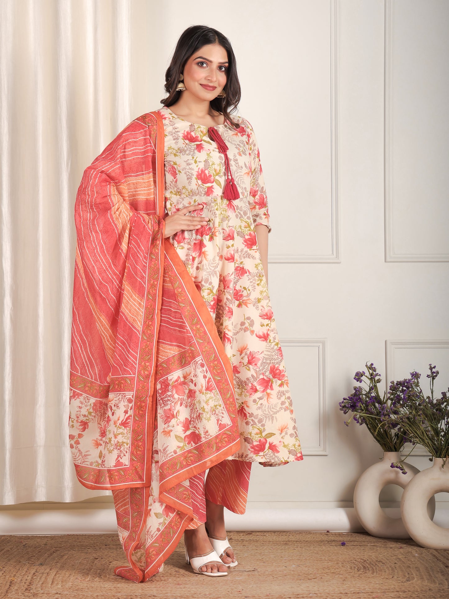 Soft Cotton Floral Anarkali Beige Kurta