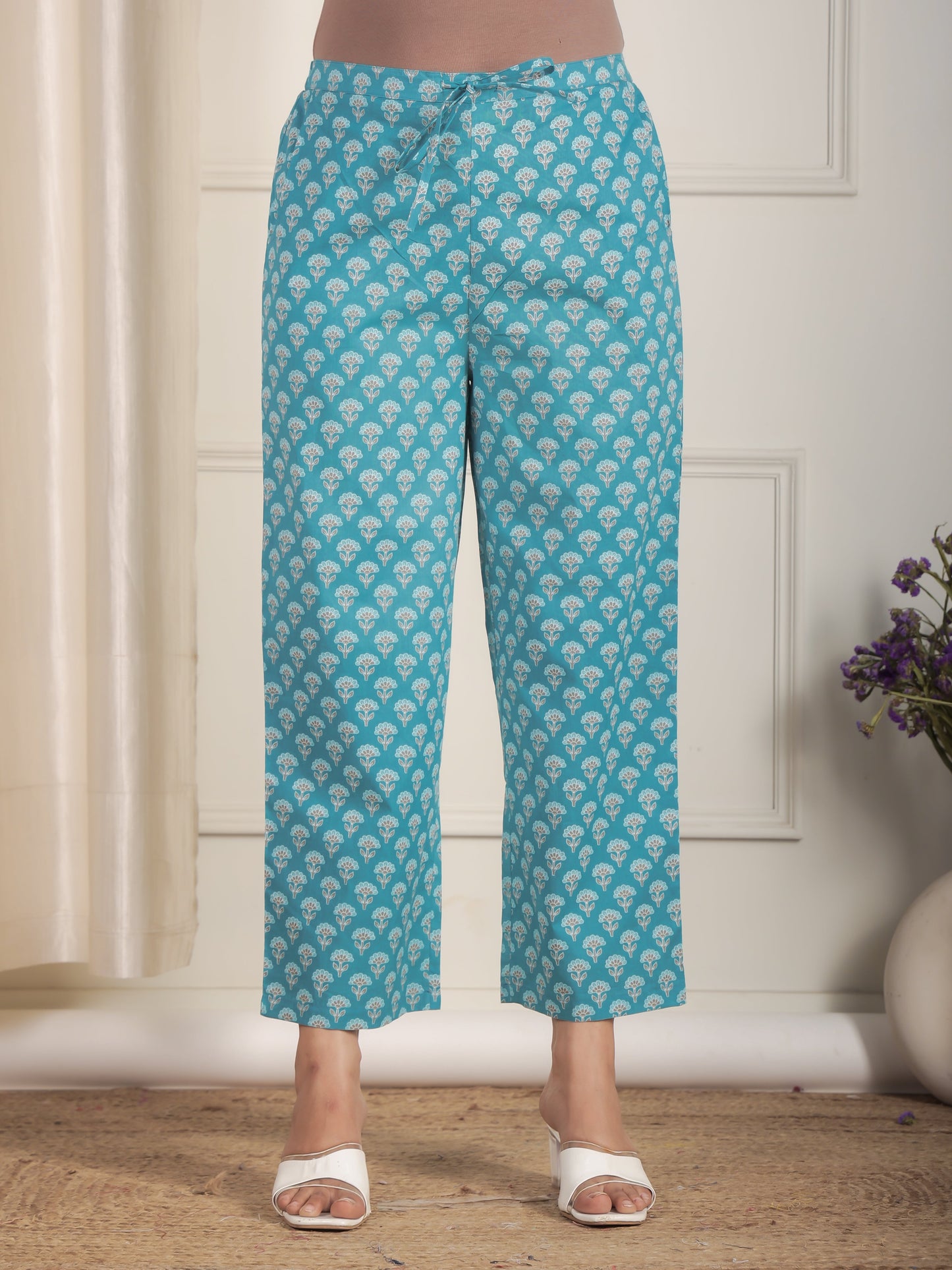 Soft Cotton Floral Blue Straight Trousers