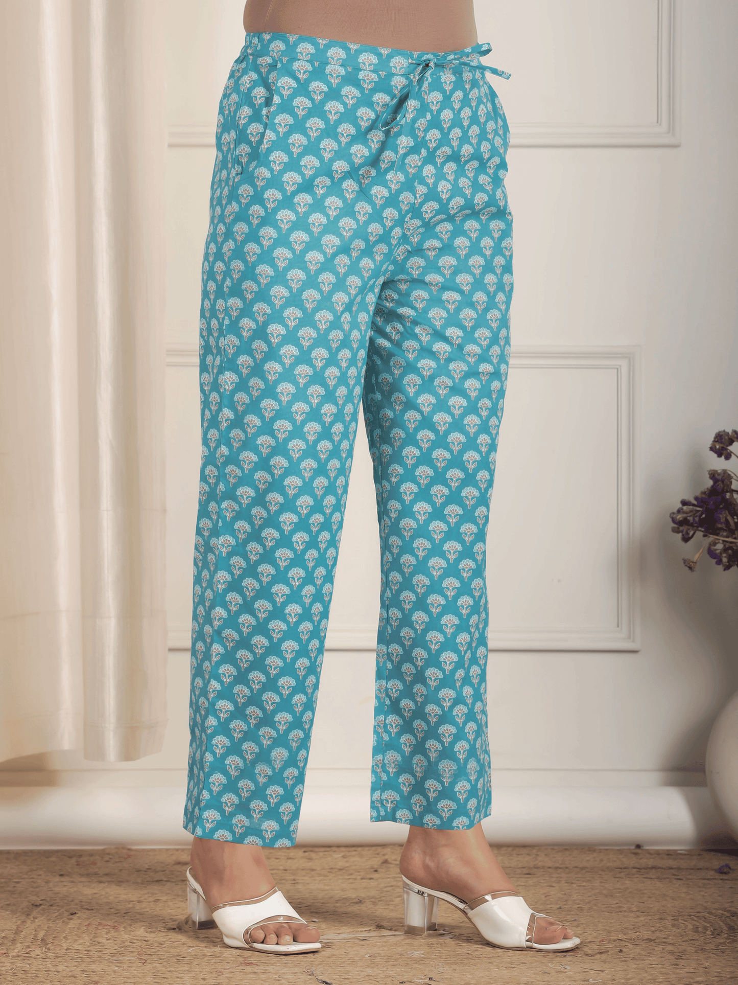 Soft Cotton Floral Blue Straight Trousers