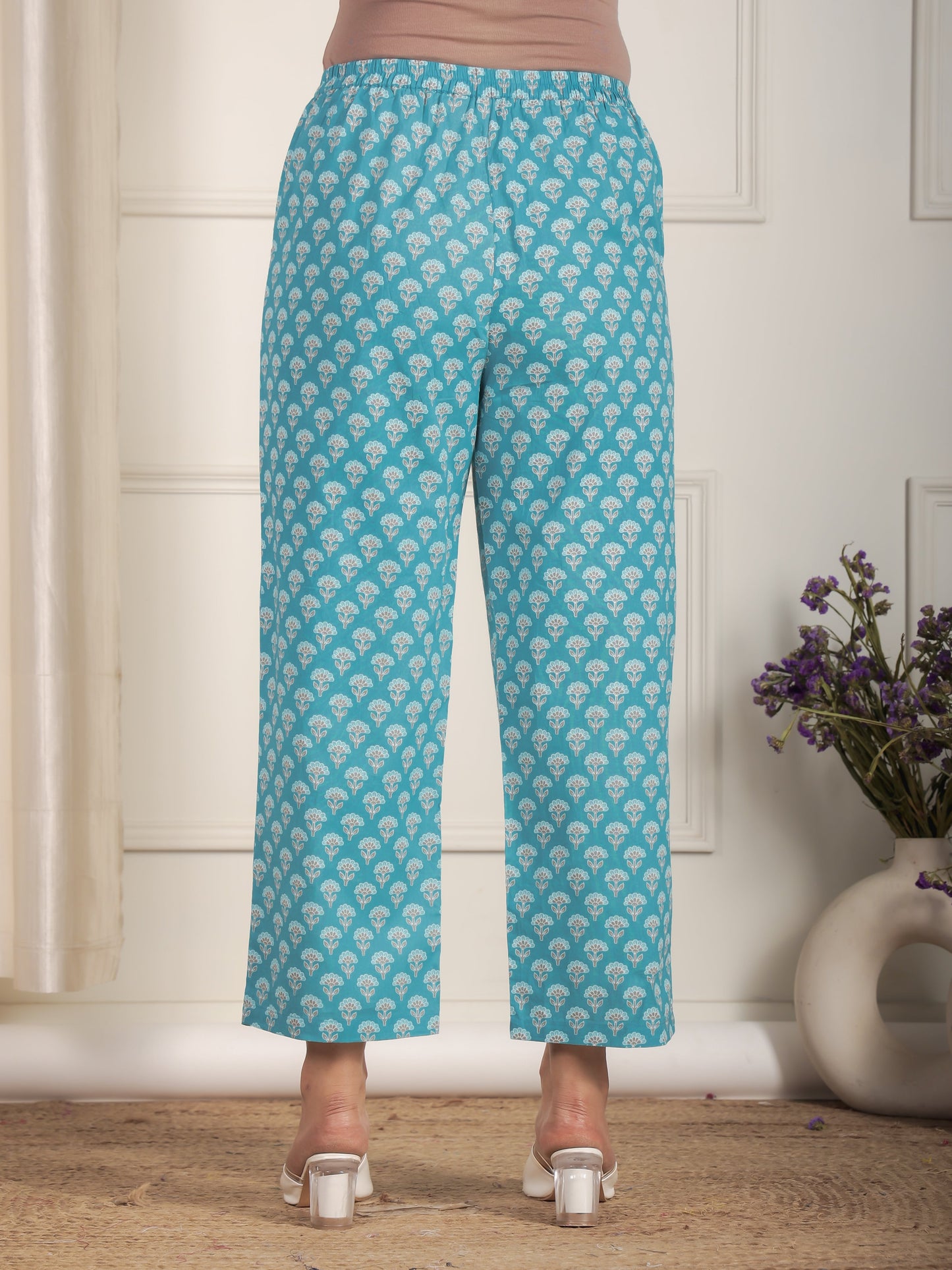 Soft Cotton Floral Blue Straight Trousers