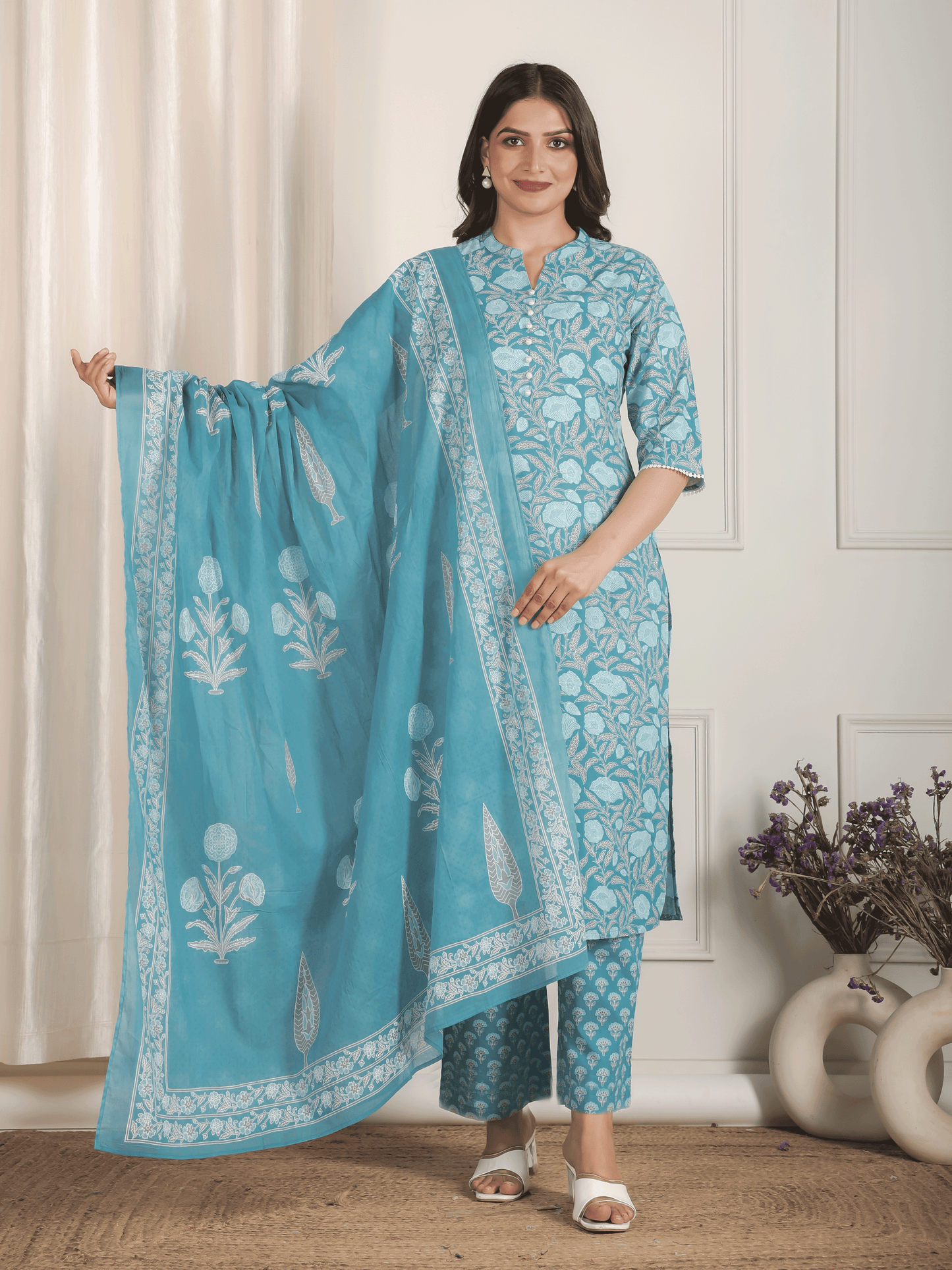 Cotton Voile Floral Blue Dupatta