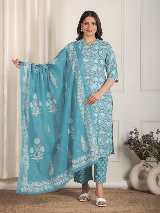Cotton Voile Floral Blue Dupatta