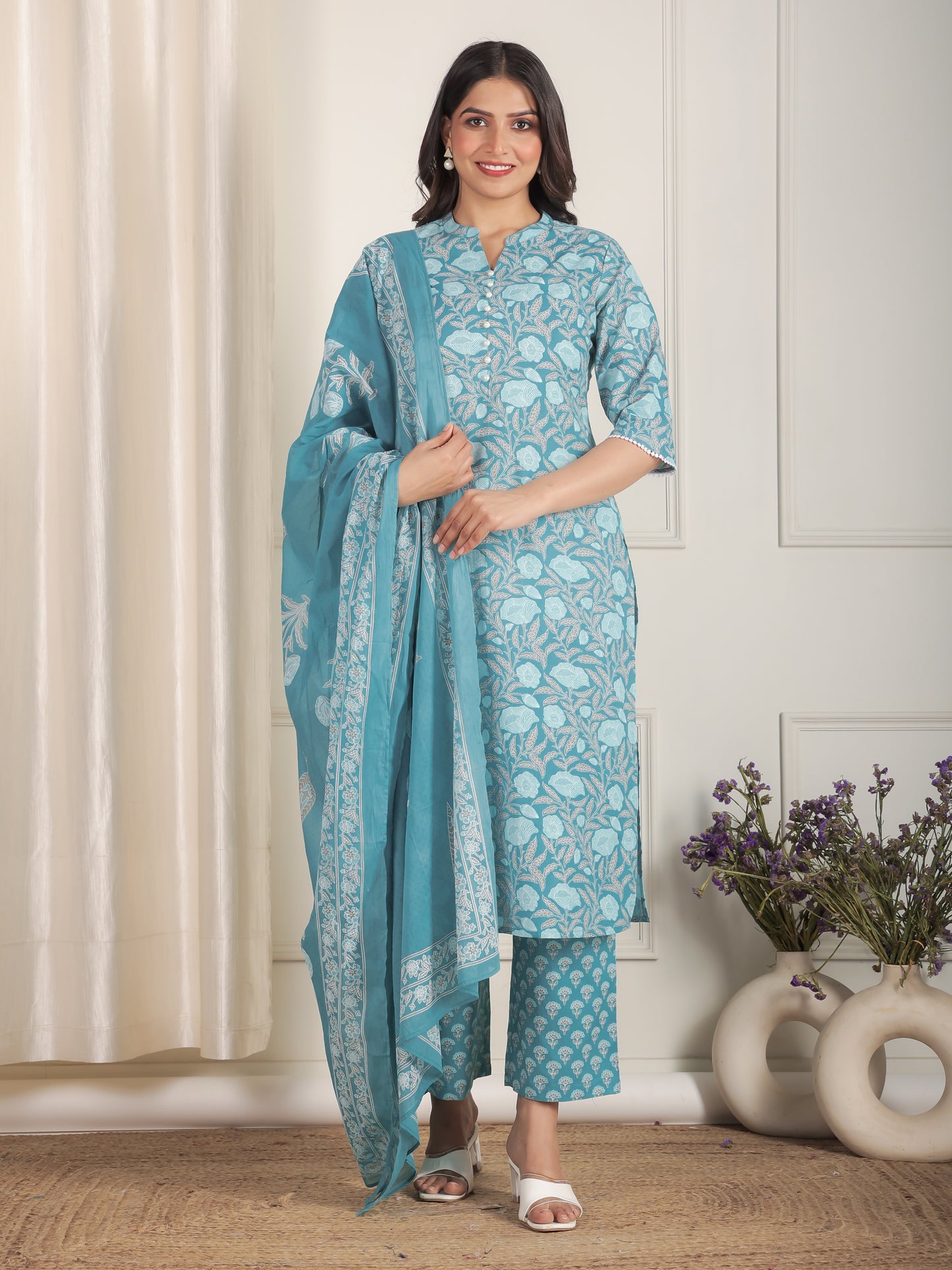 Soft Cotton Floral Straight Blue Kurta