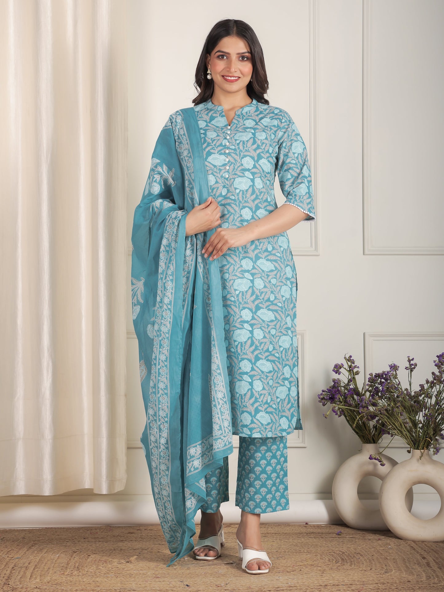 Cotton Voile Floral Blue Dupatta