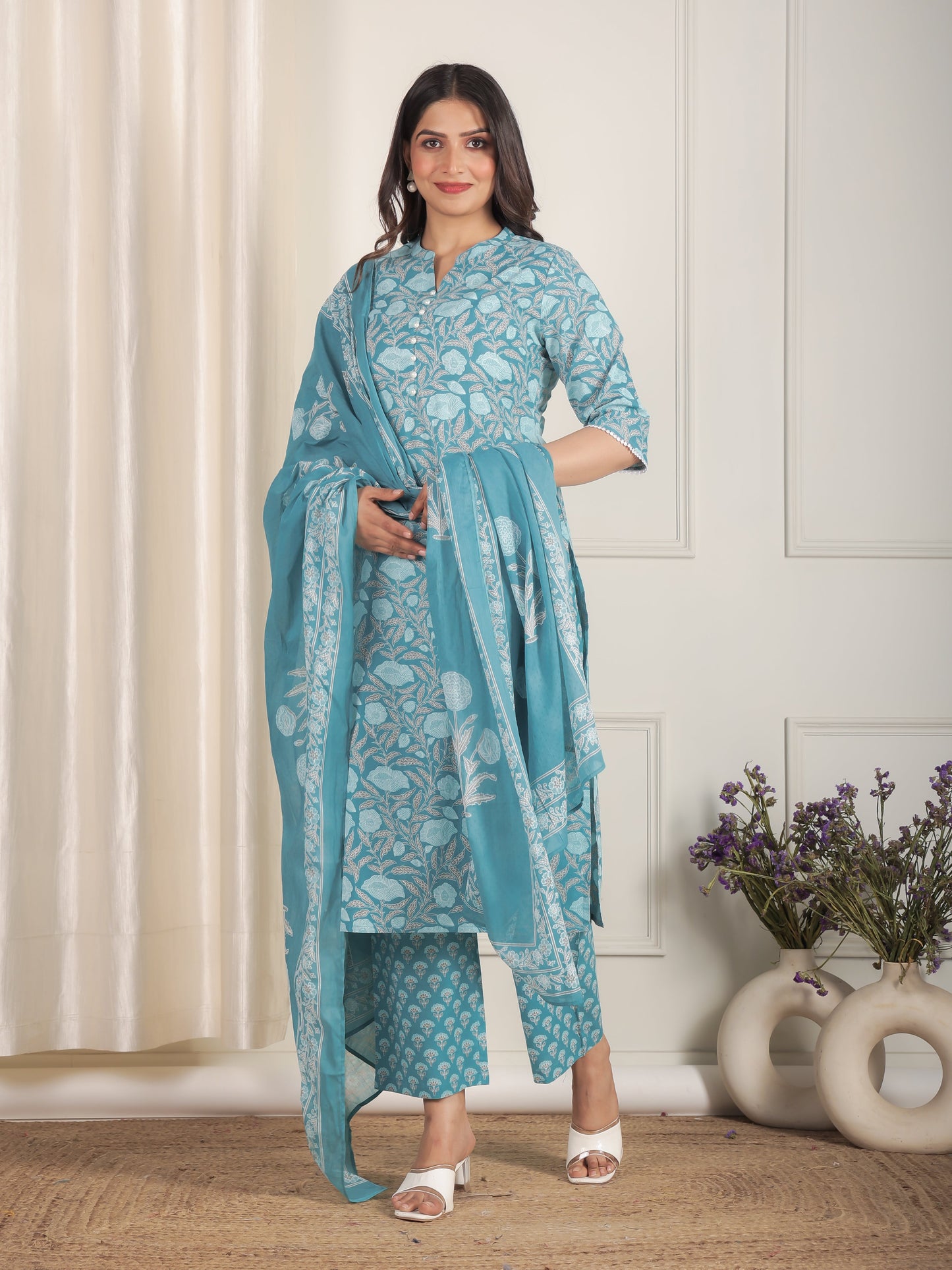 Cotton Voile Floral Blue Dupatta