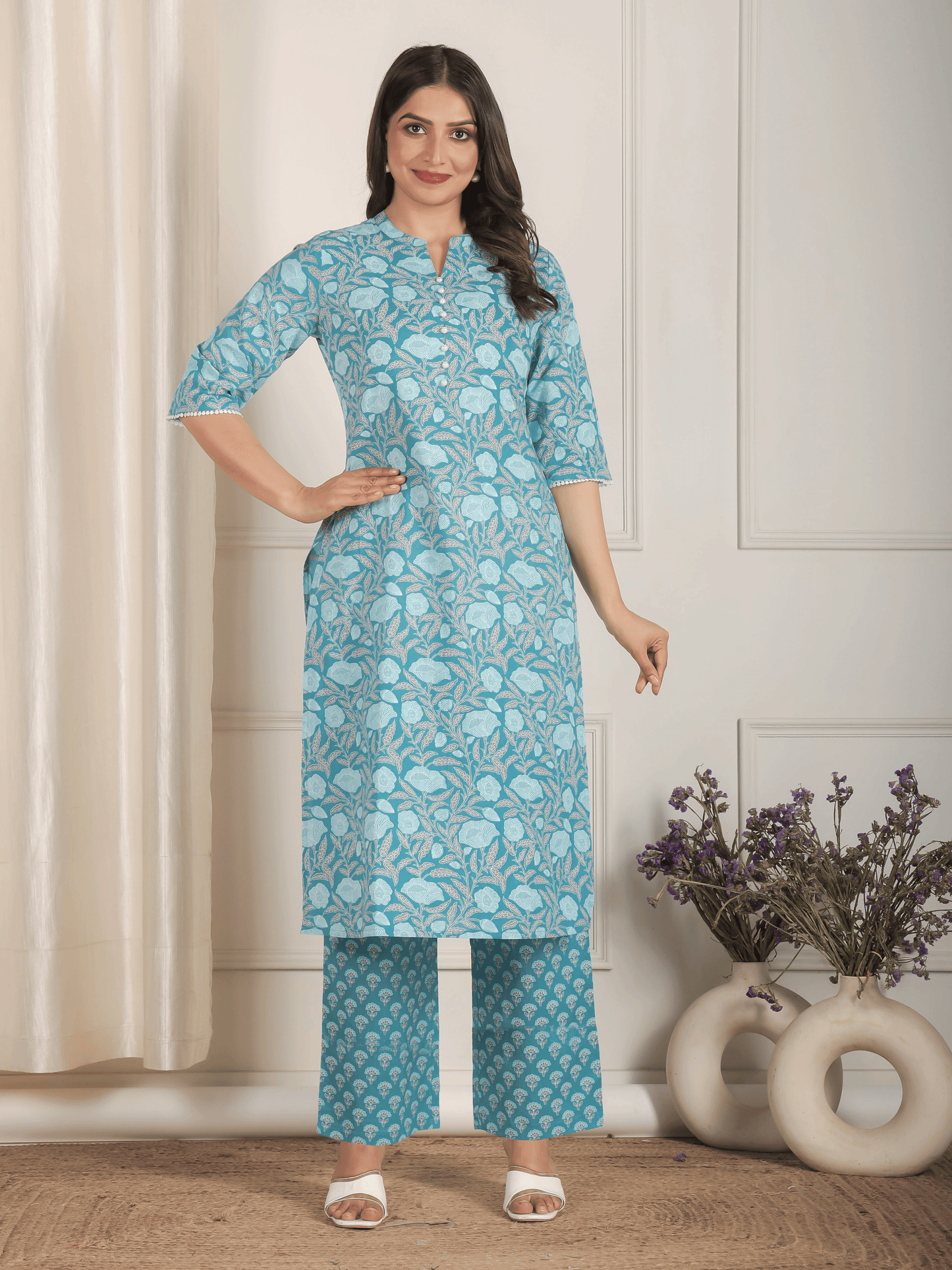 Soft Cotton Floral Straight Blue Kurta