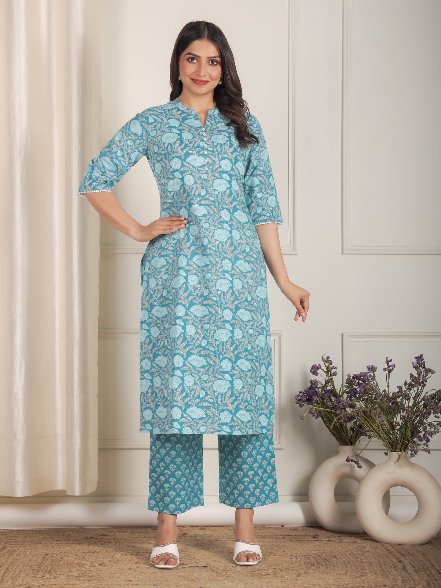 Soft Cotton Floral Straight Blue Kurta