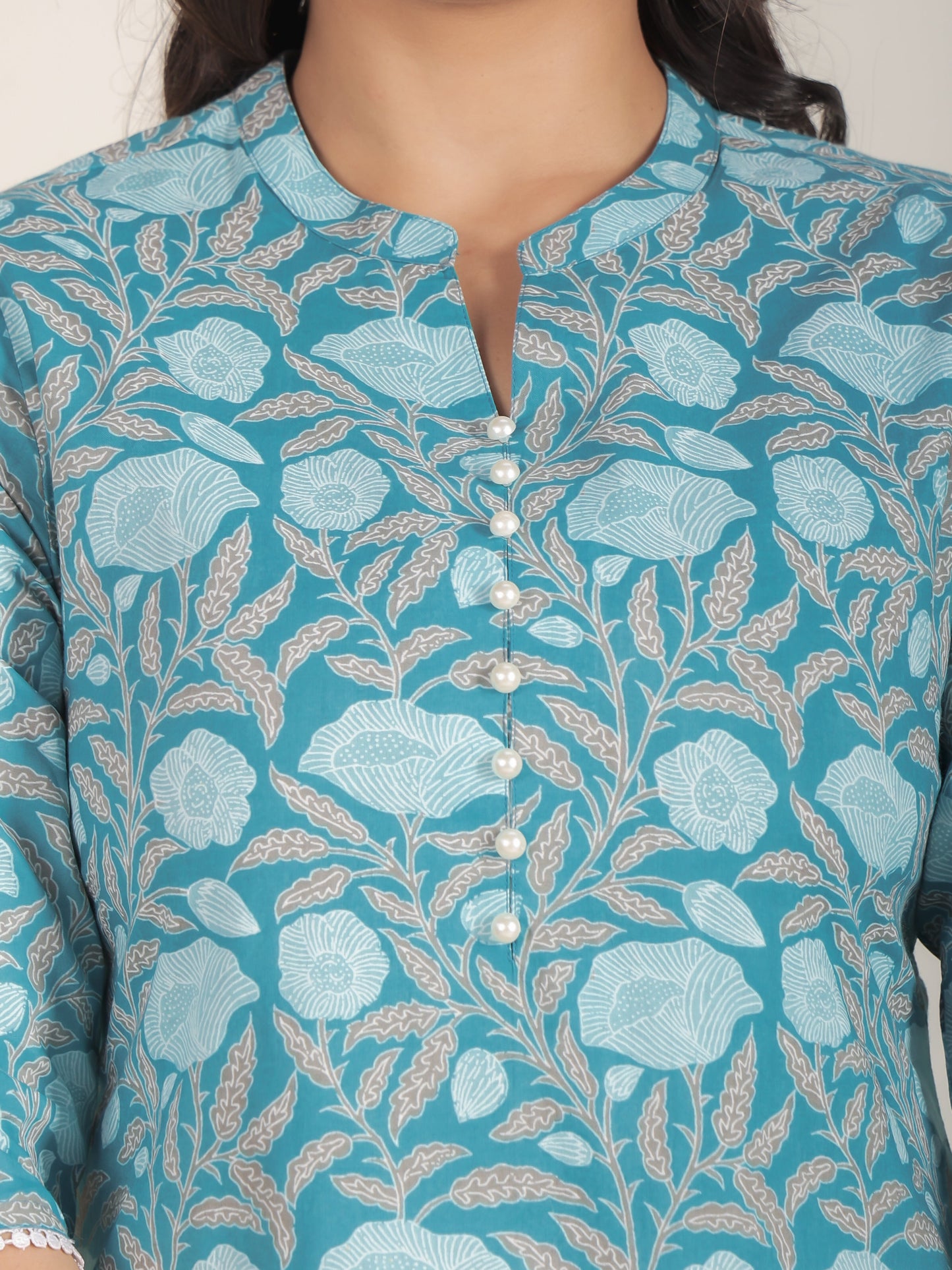 Soft Cotton Floral Straight Blue Kurta