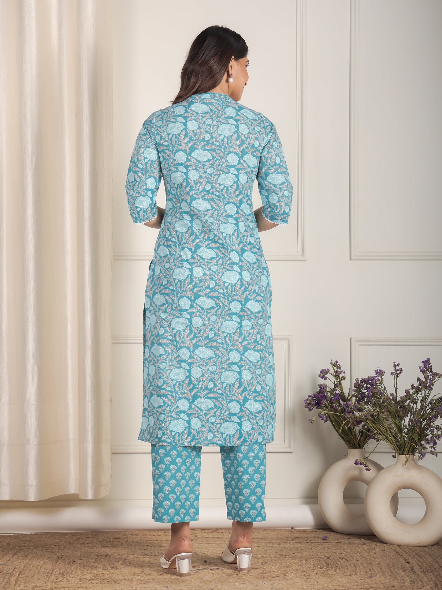 Soft Cotton Floral Straight Blue Kurta