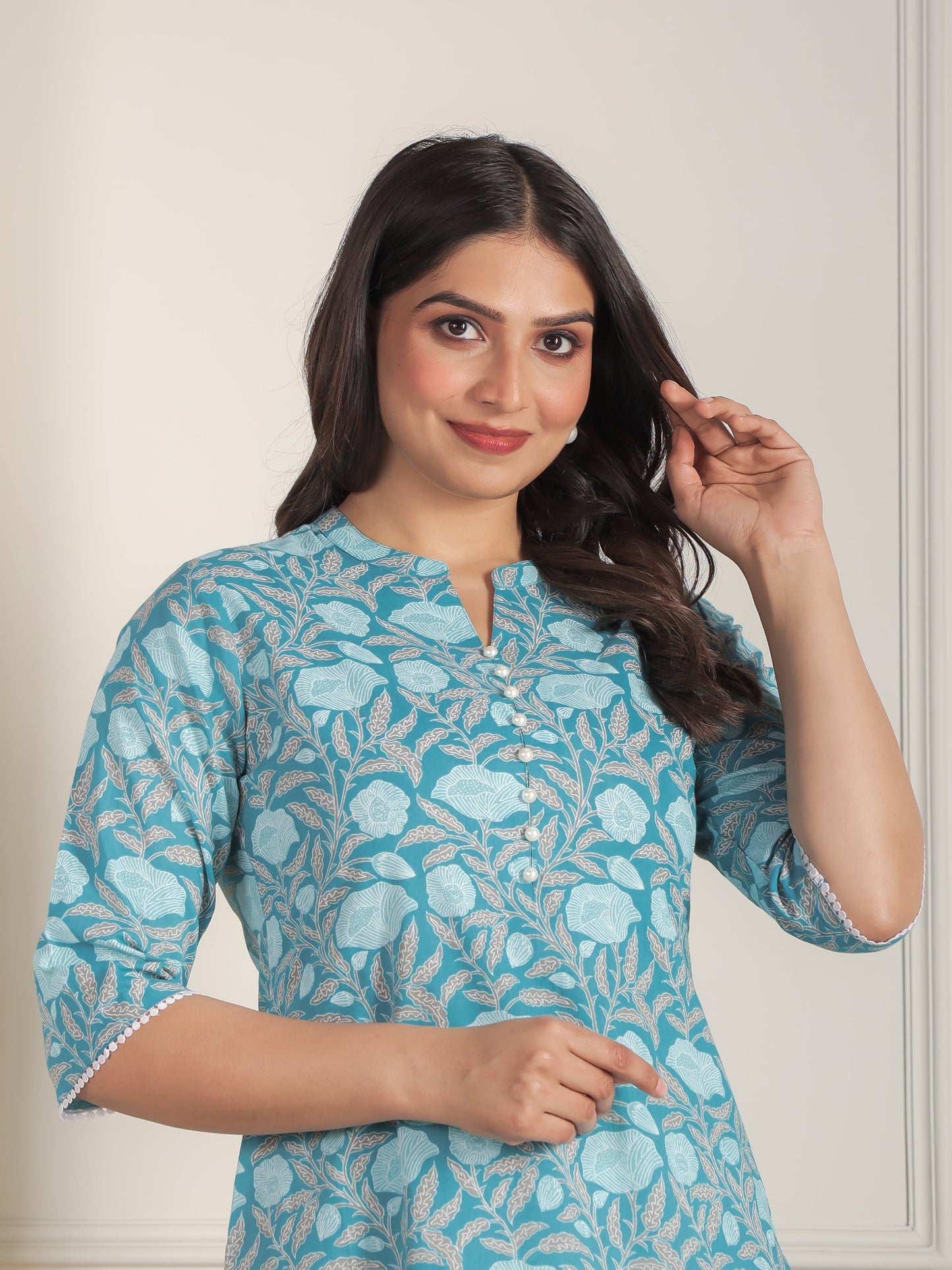 Soft Cotton Floral Straight Blue Kurta