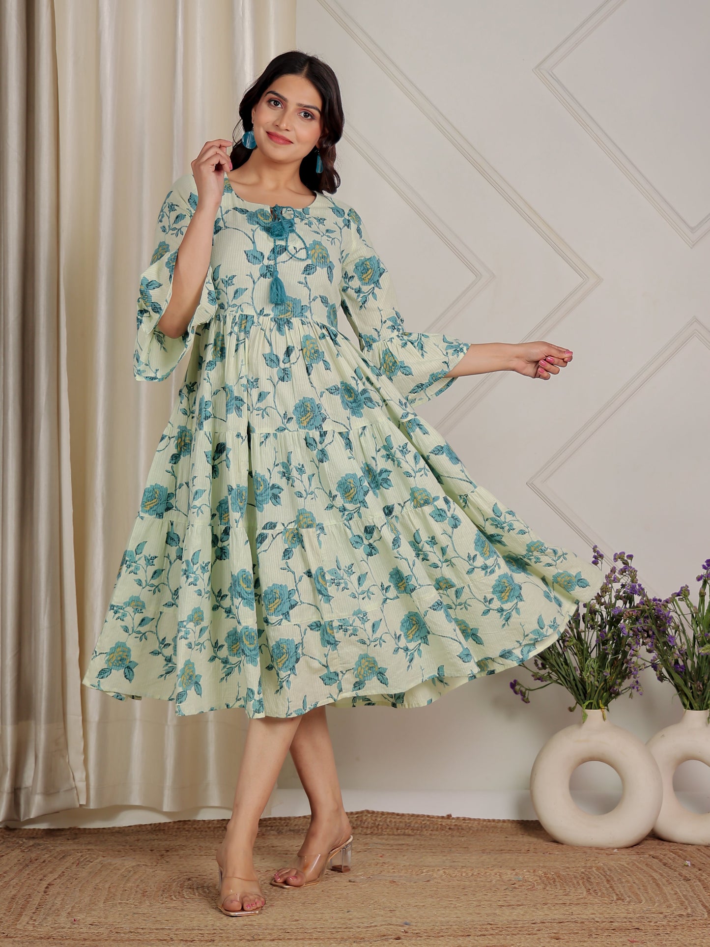 Kantha Cotton Floral Flared Cream Dress