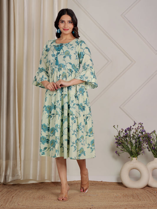 Kantha Cotton Floral Flared Cream Dress