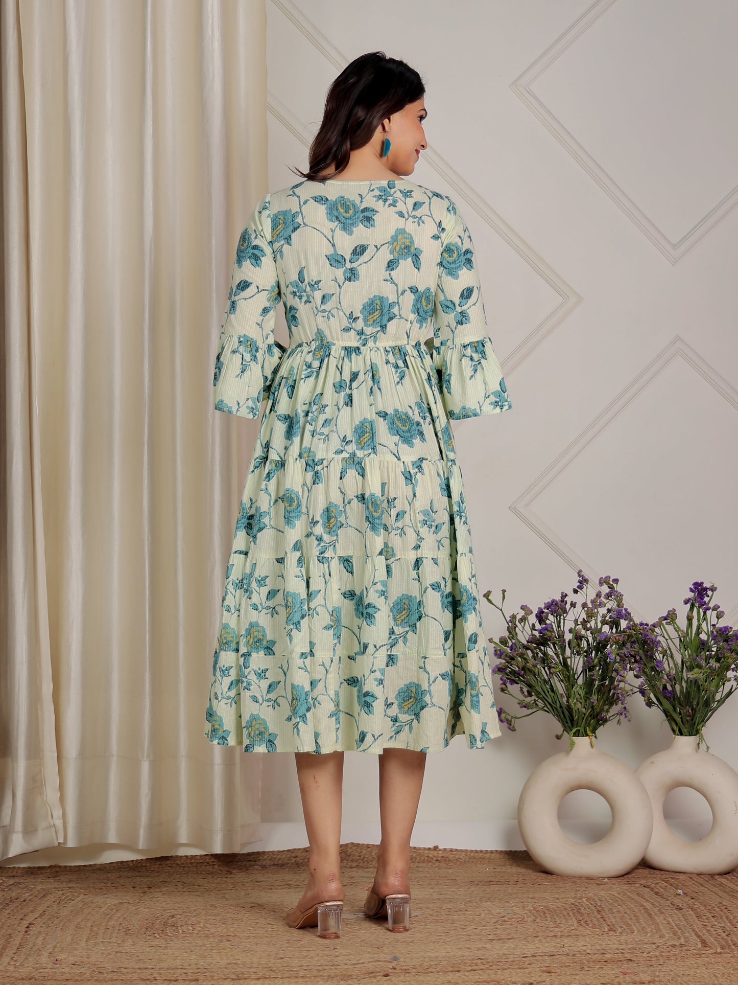 Kantha Cotton Floral Flared Cream Dress