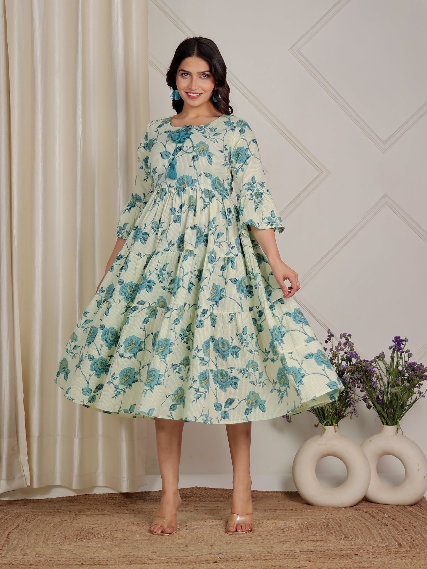 Kantha Cotton Floral Flared Cream Dress
