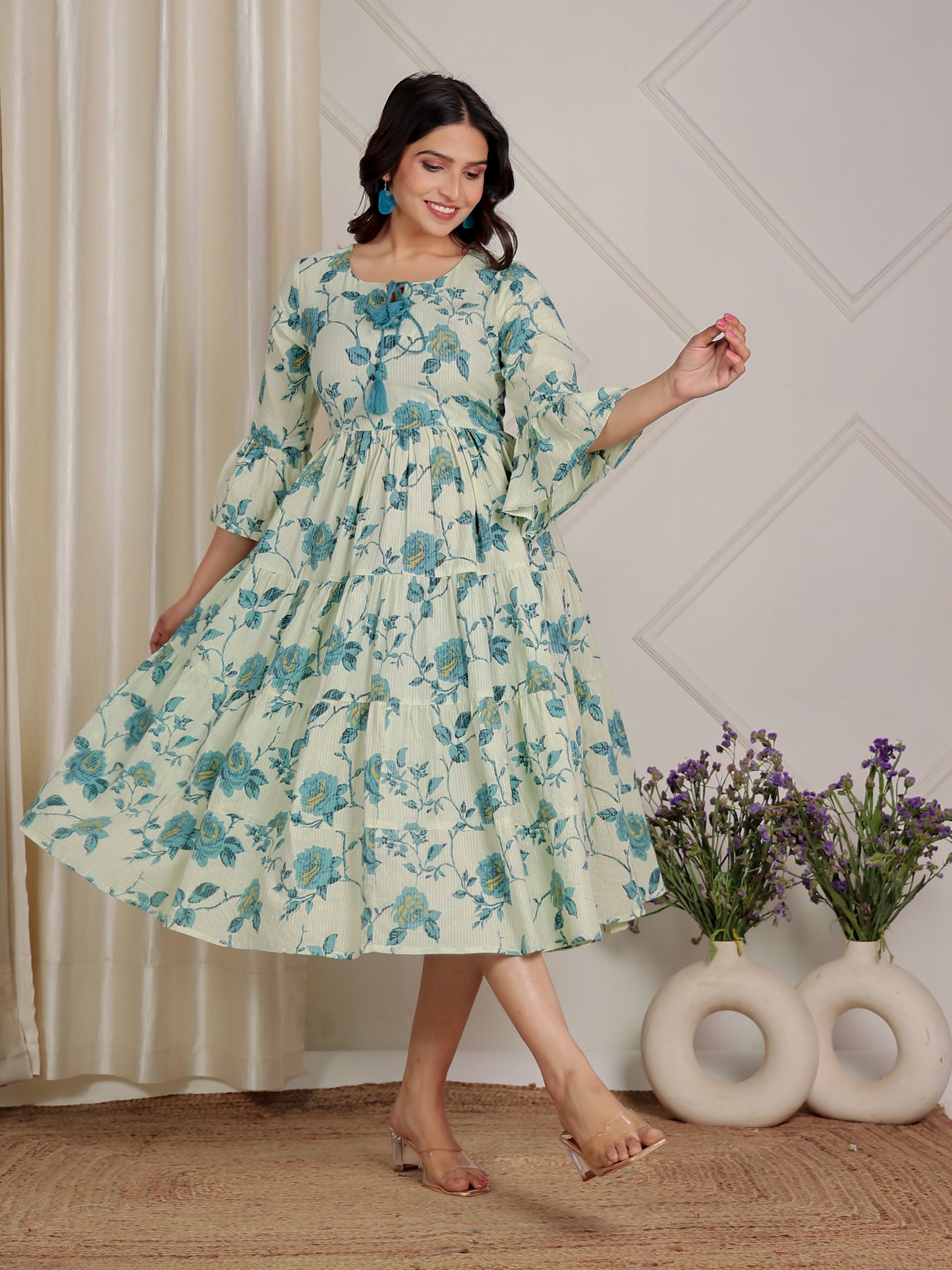Kantha Cotton Floral Flared Cream Dress