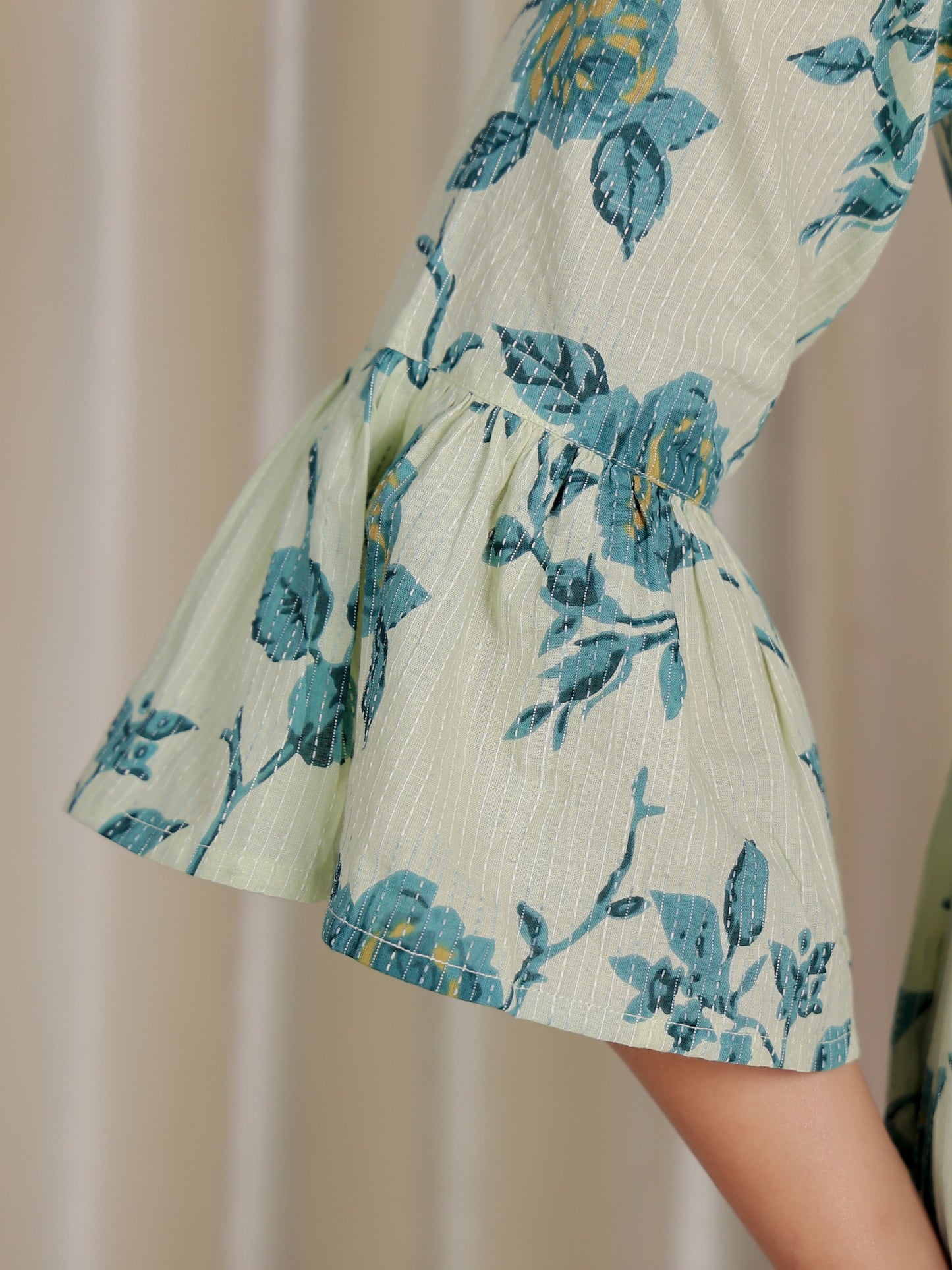 Kantha Cotton Floral Flared Cream Dress
