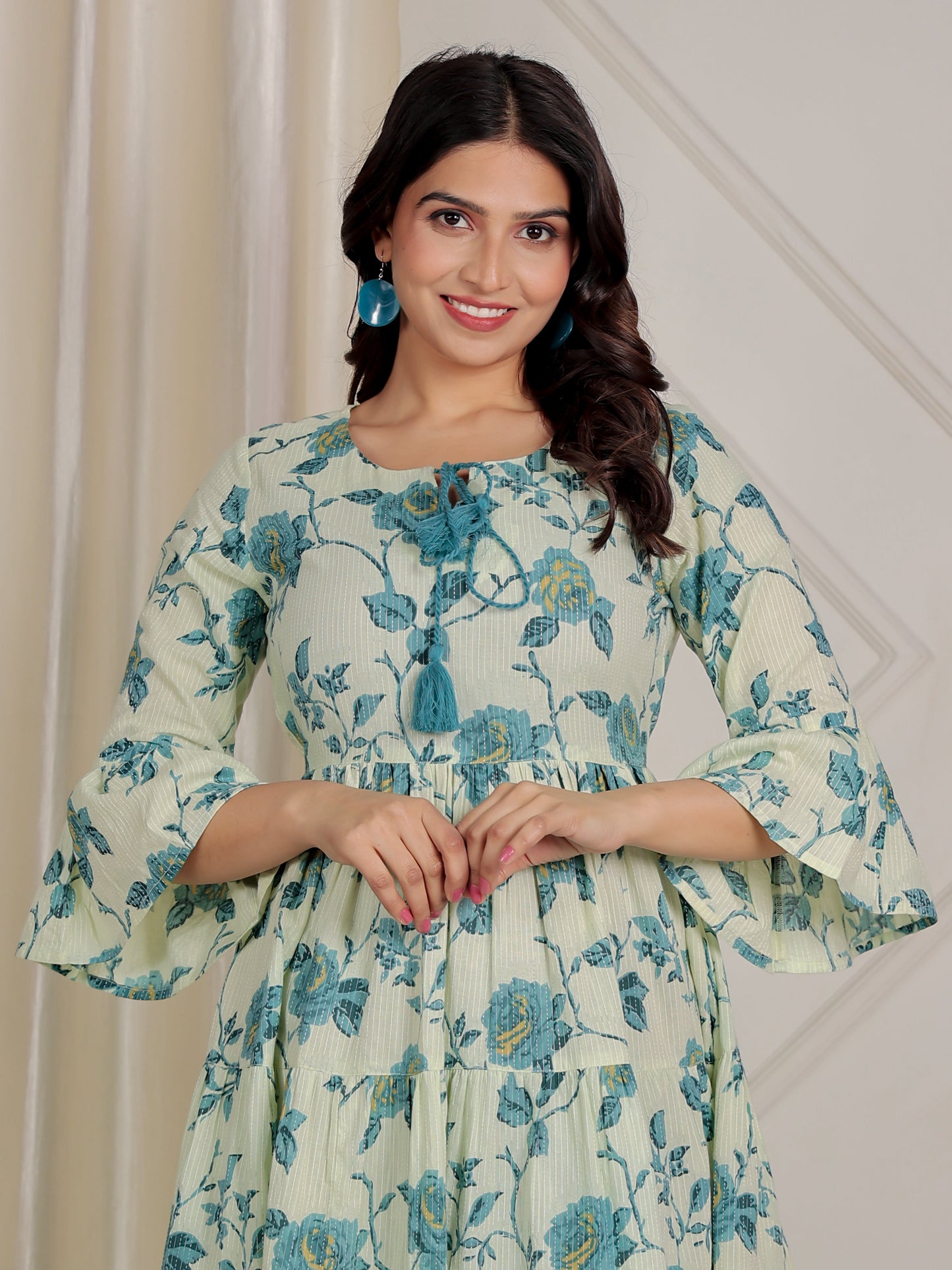 Kantha Cotton Floral Flared Cream Dress