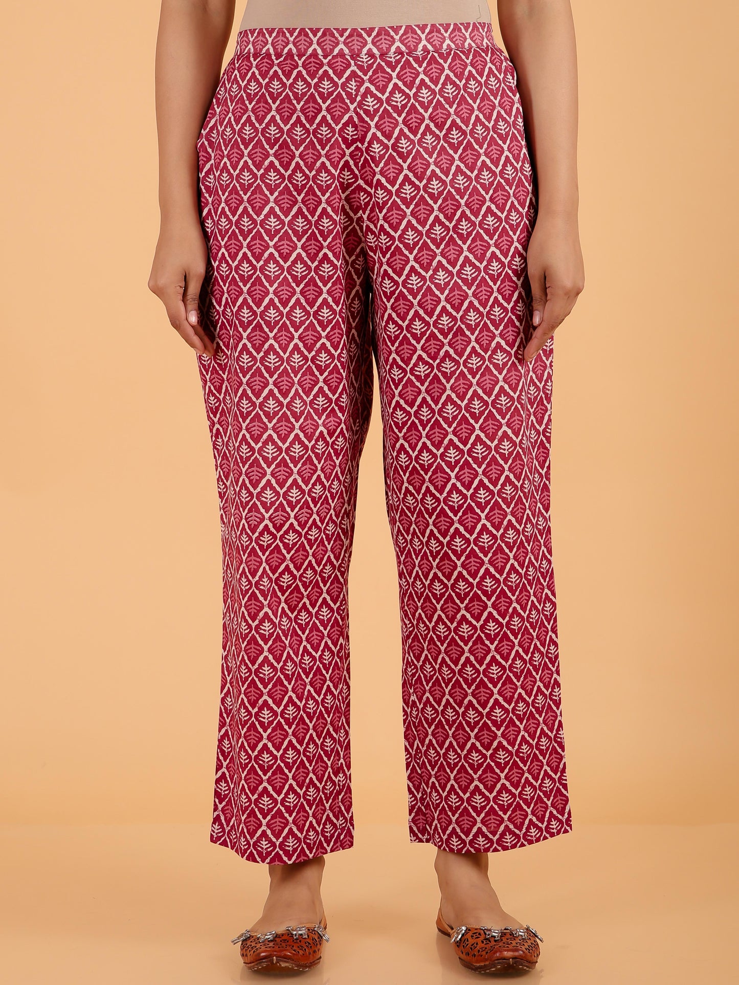 Soft Cotton Geometric Red Tapered Trousers