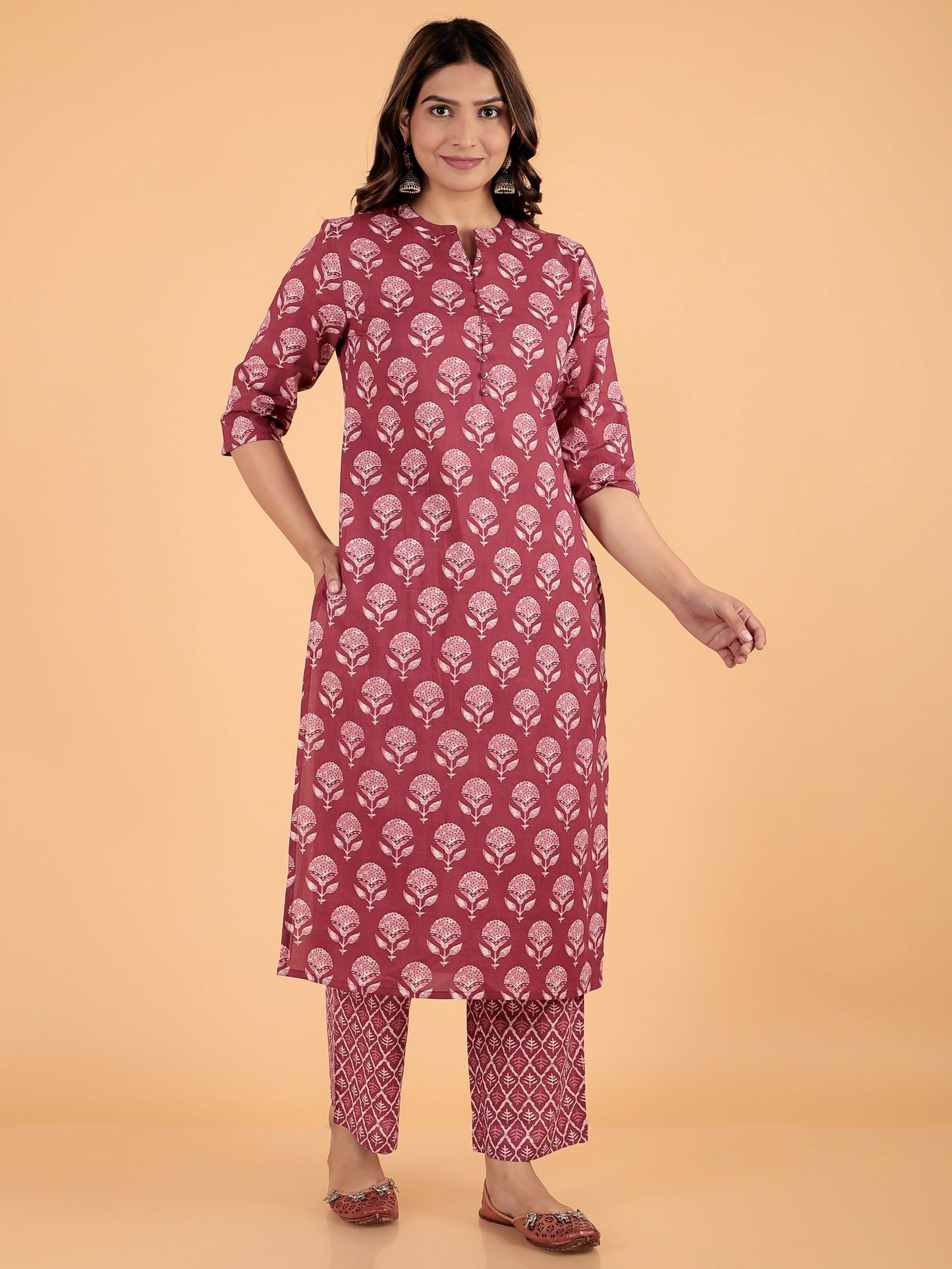 Soft Cotton Block Print Straight Red Kurta