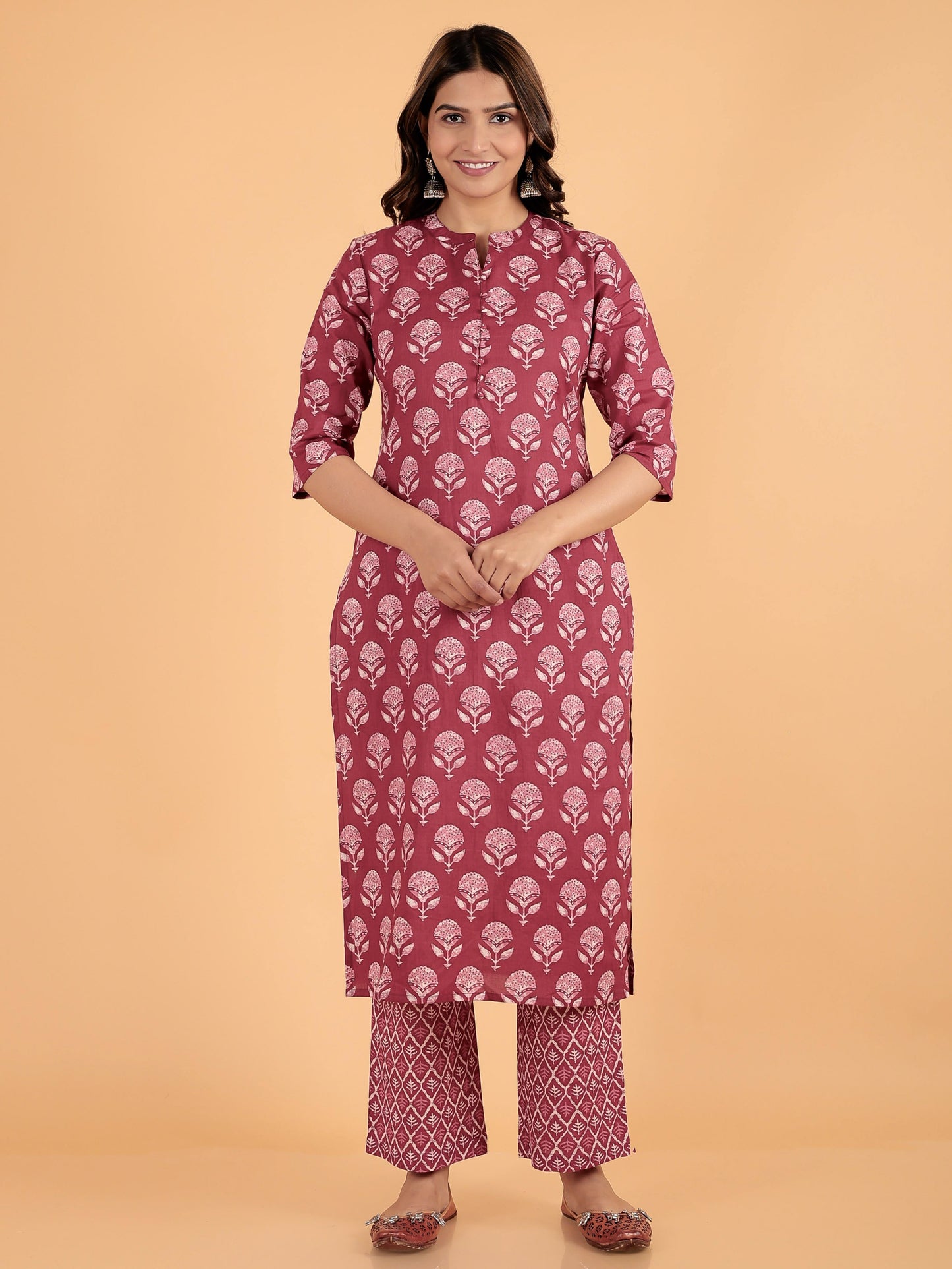 Soft Cotton Block Print Straight Red Kurta