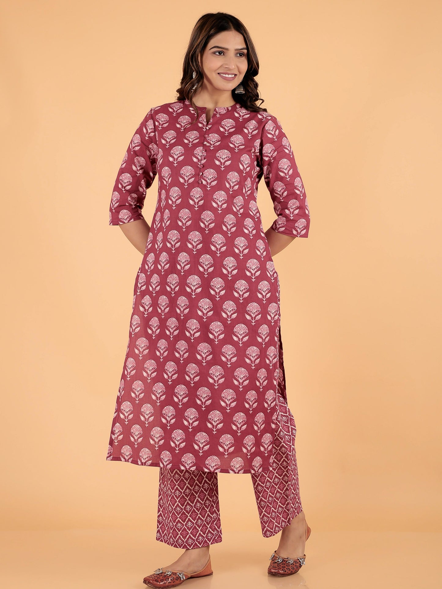 Soft Cotton Block Print Straight Red Kurta