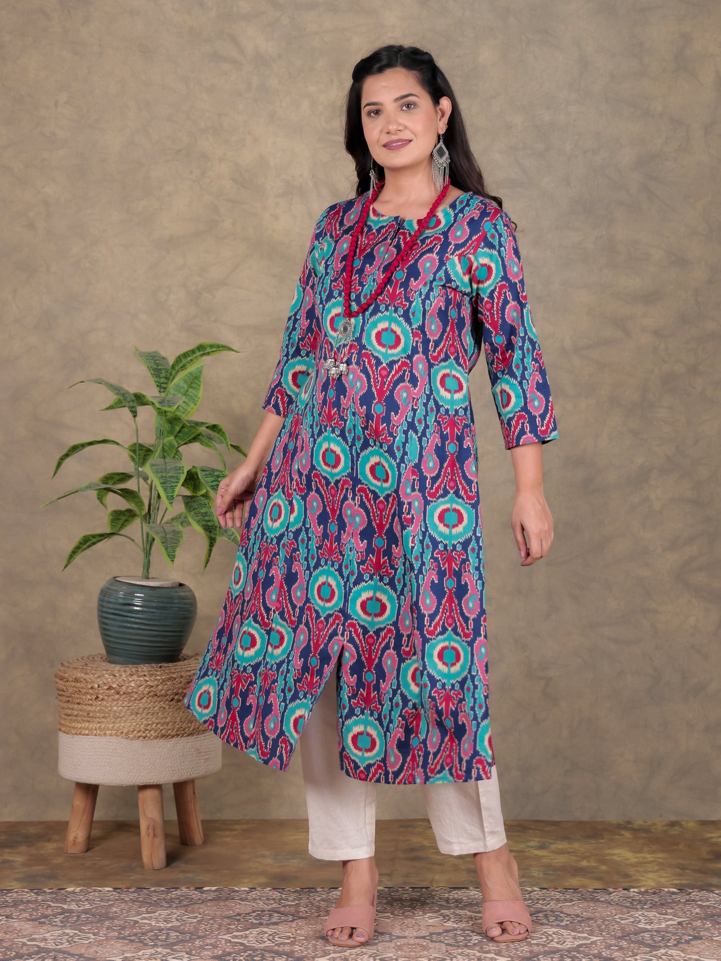 Linen Cotton Ikat A-line Blue Kurta with Necklace