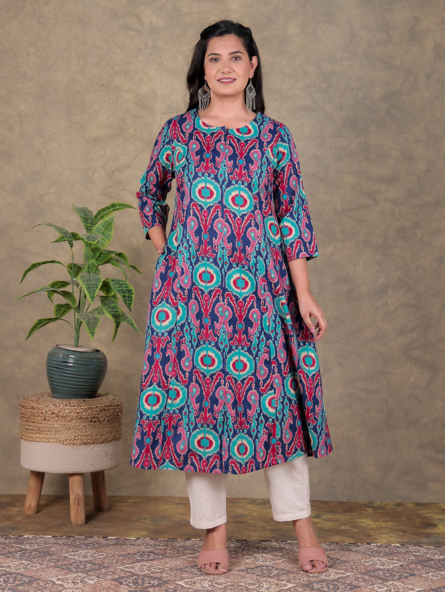 Linen Cotton Ikat A-line Blue Kurta with Necklace