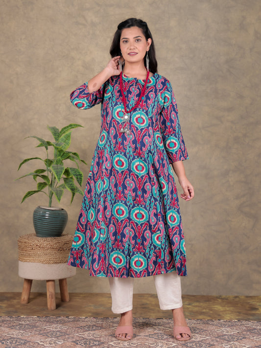 Linen Cotton Ikat A-line Blue Kurta with Necklace