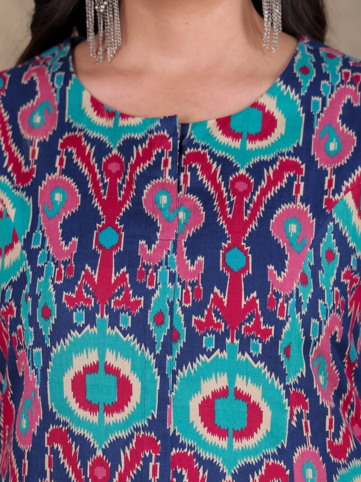 Linen Cotton Ikat A-line Blue Kurta with Necklace