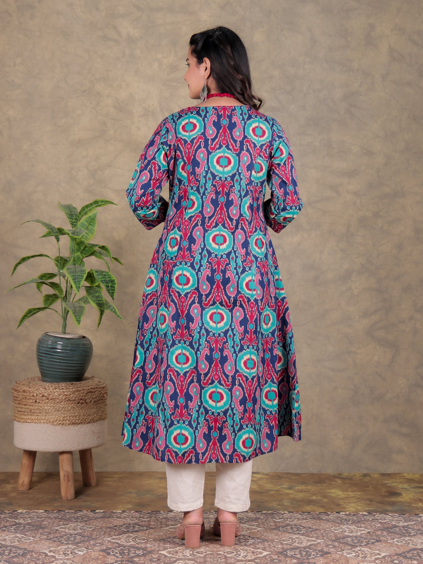 Linen Cotton Ikat A-line Blue Kurta with Necklace