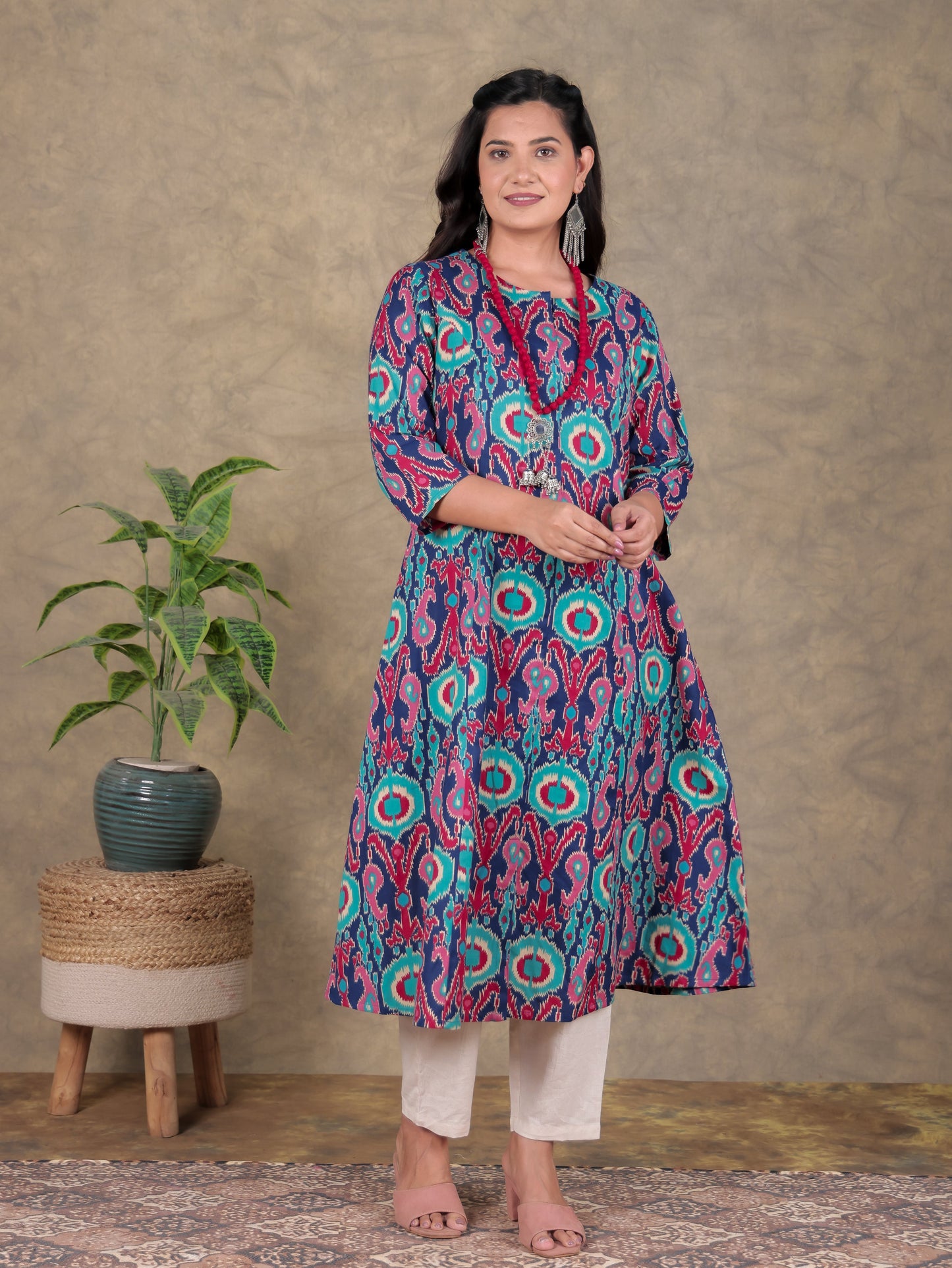 Linen Cotton Ikat A-line Blue Kurta with Necklace