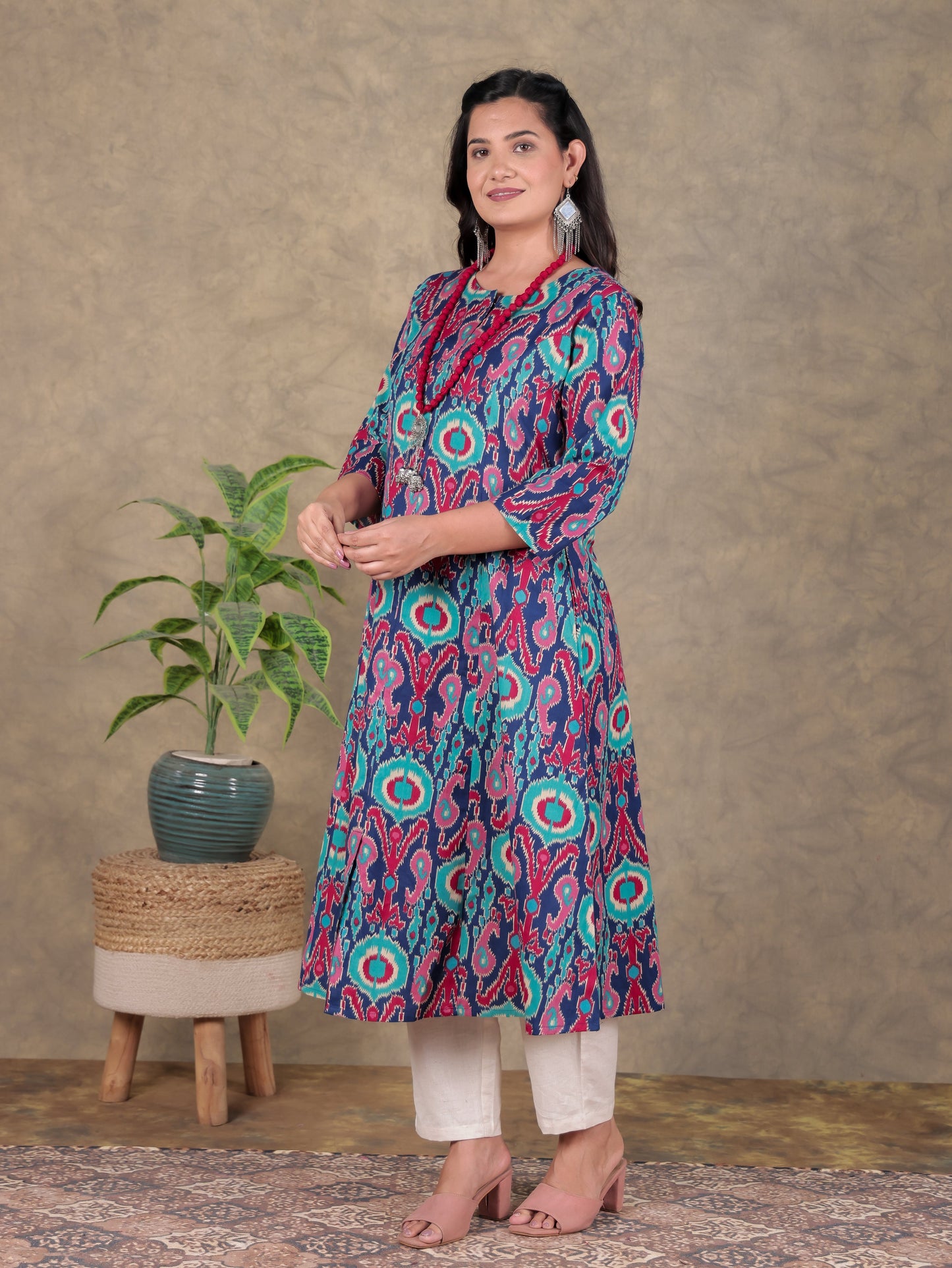 Linen Cotton Ikat A-line Blue Kurta with Necklace