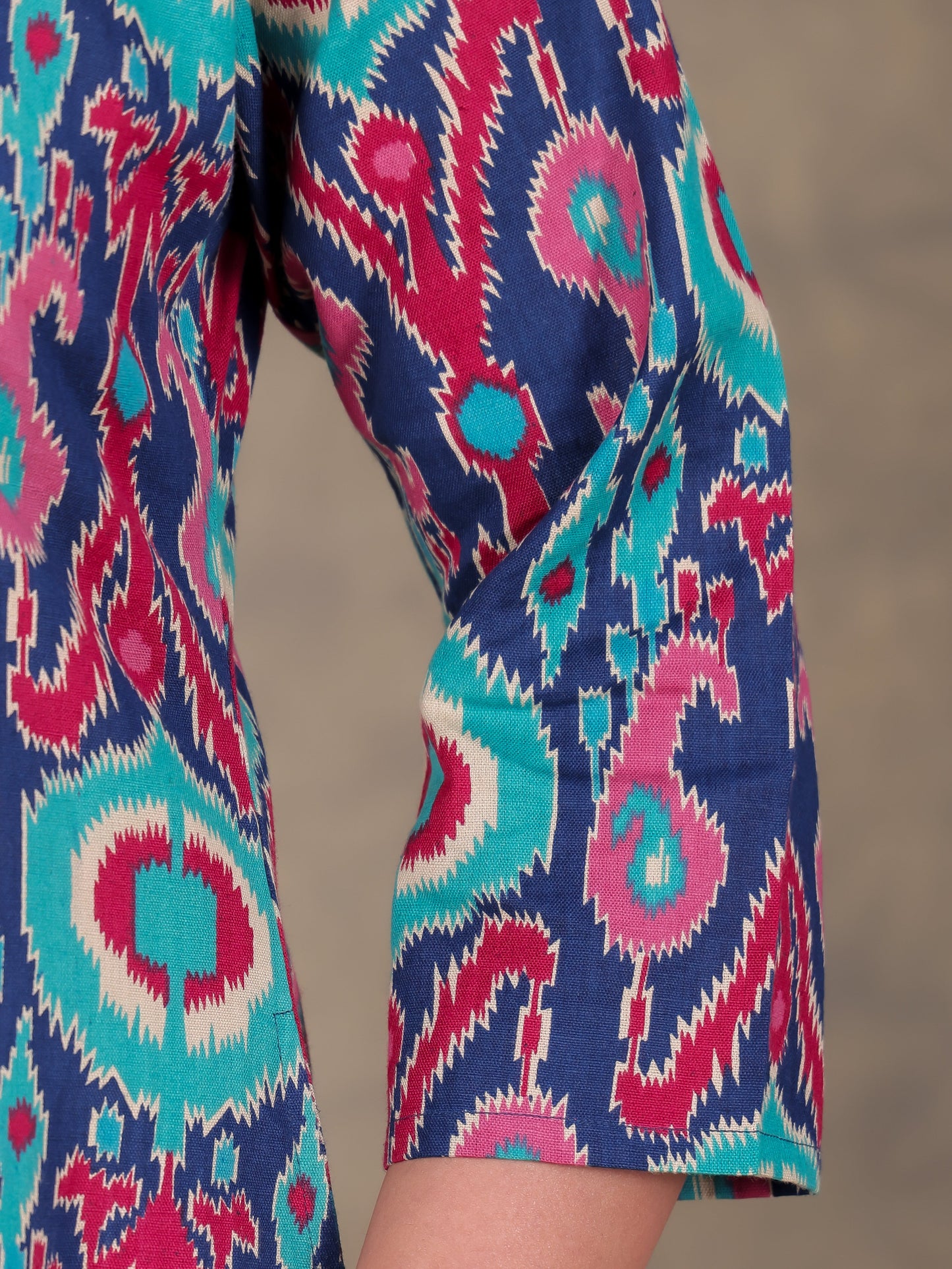 Linen Cotton Ikat A-line Blue Kurta with Necklace