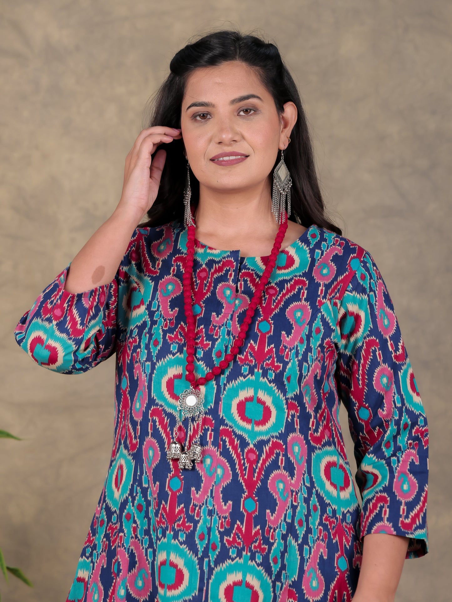 Linen Cotton Ikat A-line Blue Kurta with Necklace