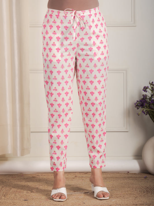 Soft Cotton Floral Pink Tapered Trousers