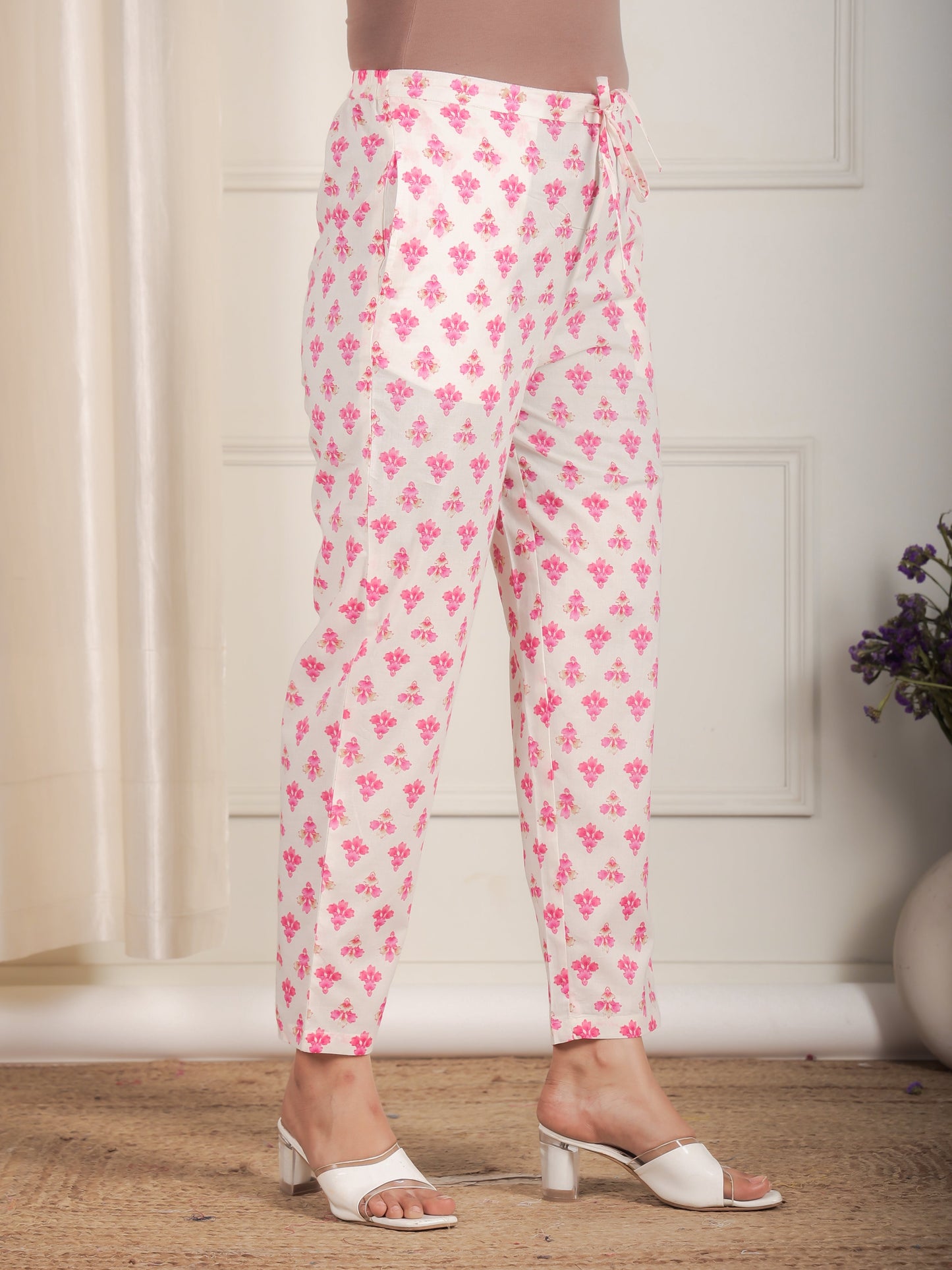 Soft Cotton Floral Pink Tapered Trousers