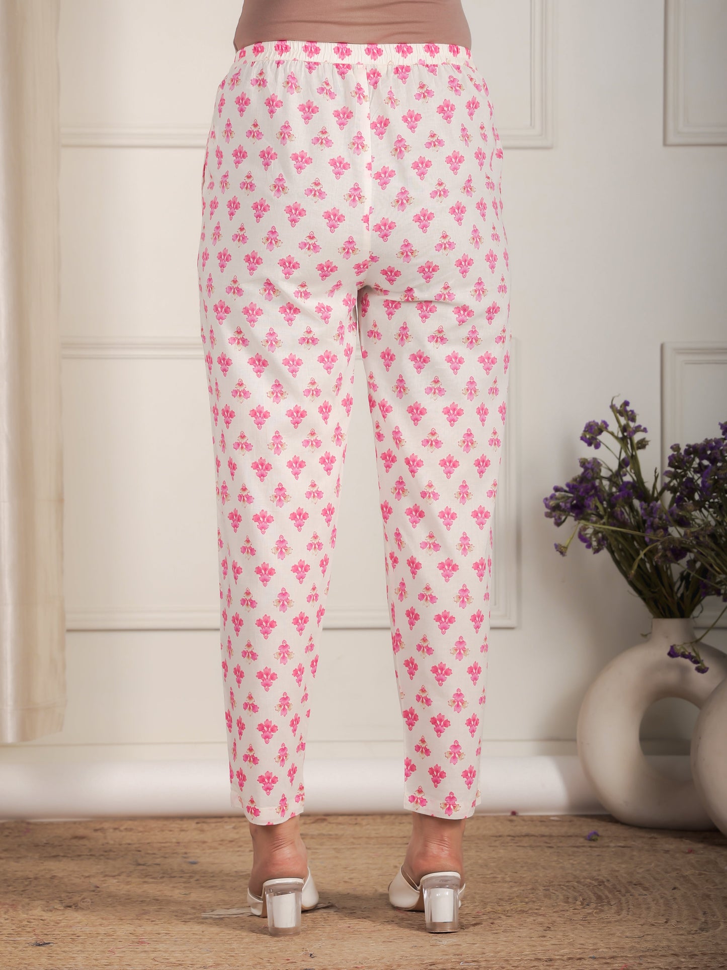 Soft Cotton Floral Pink Tapered Trousers