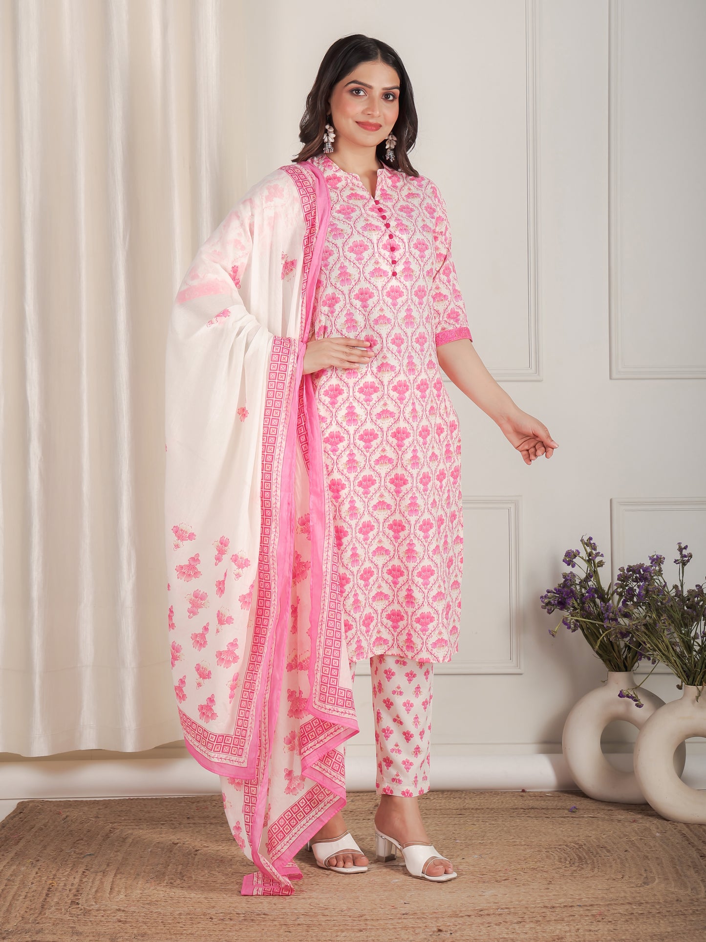 Soft Cotton Floral Straight Pink Kurta