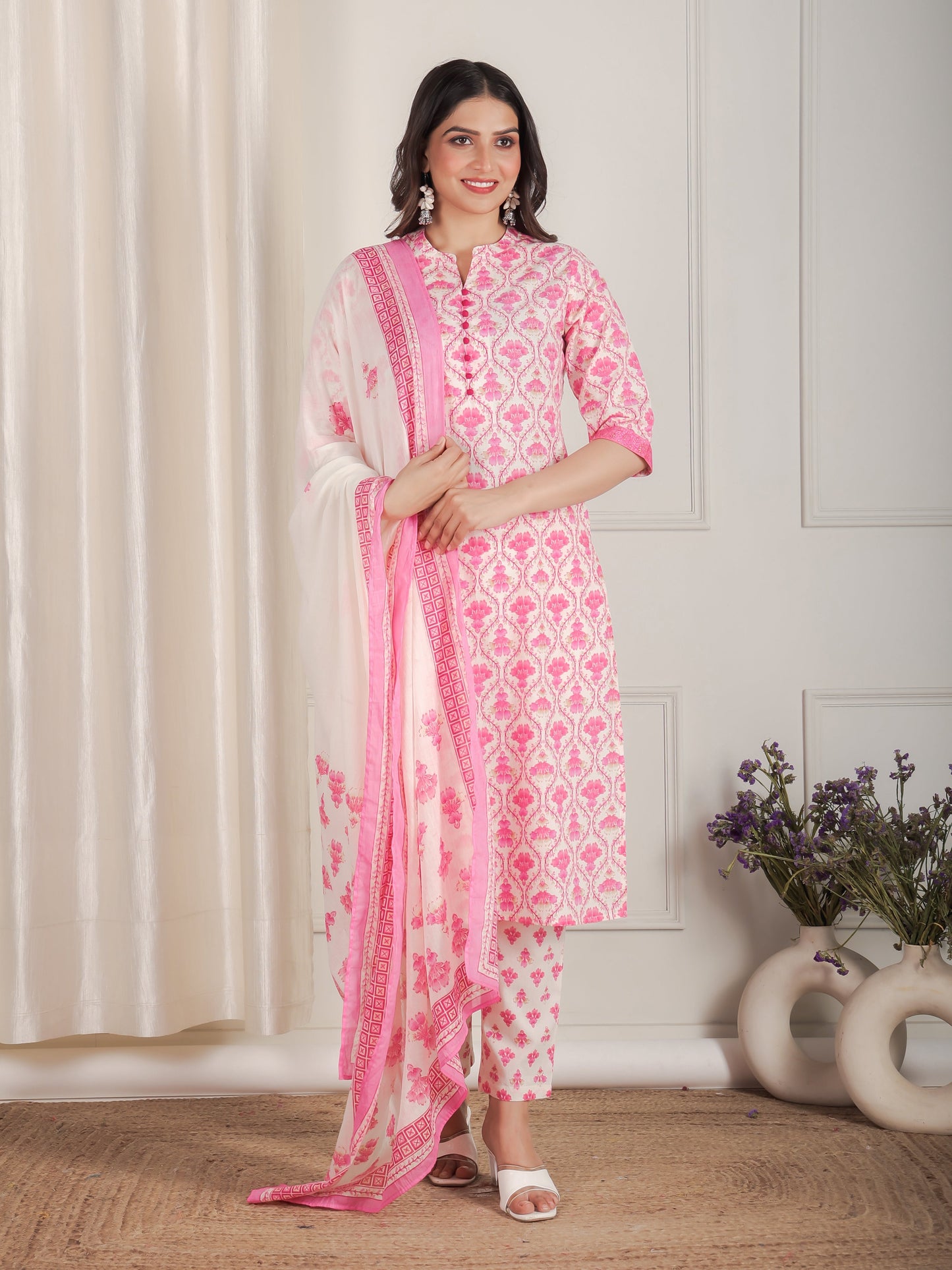 Cotton Voile Floral Pink Dupatta