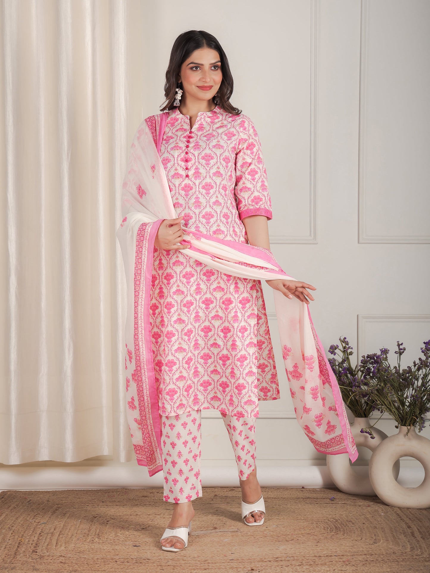 Soft Cotton Floral Straight Pink Kurta