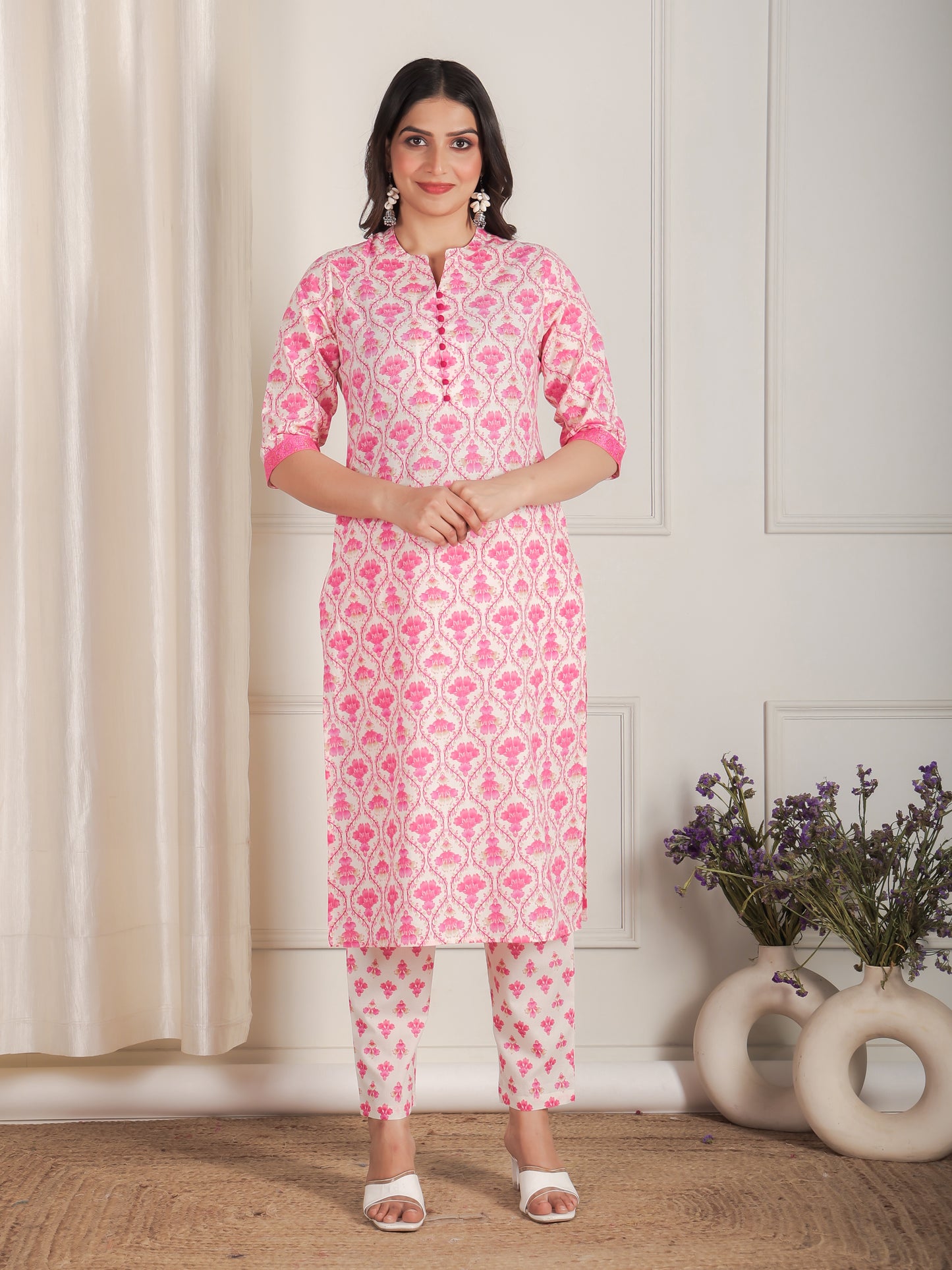 Soft Cotton Floral Straight Pink Kurta
