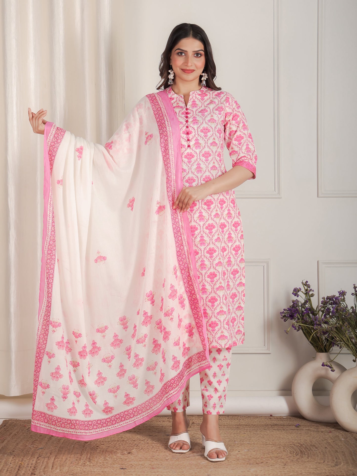 Soft Cotton Floral Straight Pink Kurta