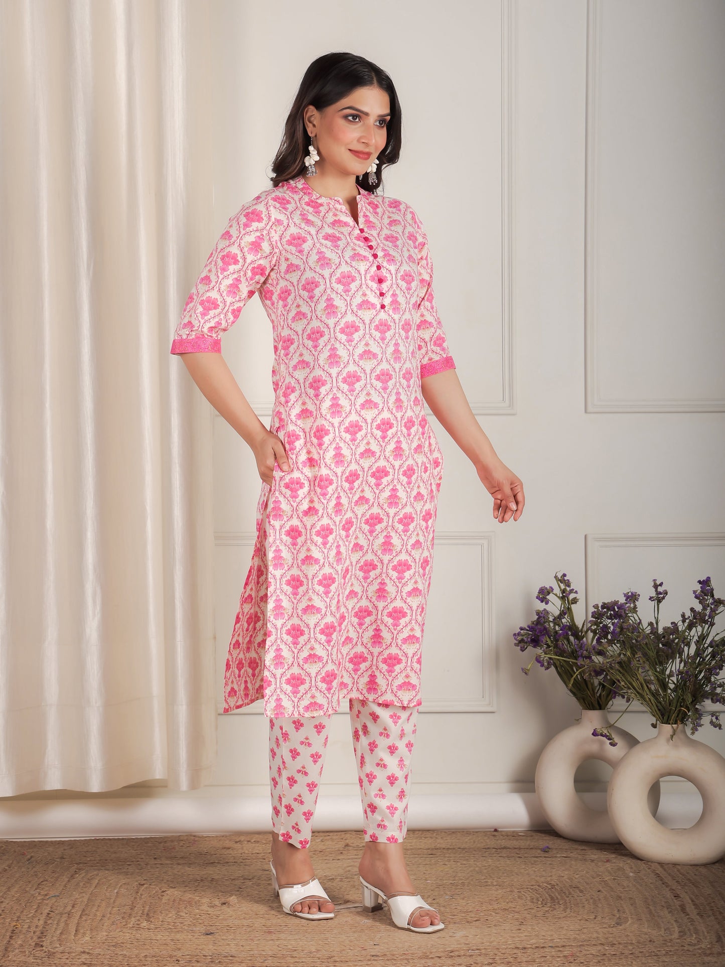 Soft Cotton Floral Straight Pink Kurta