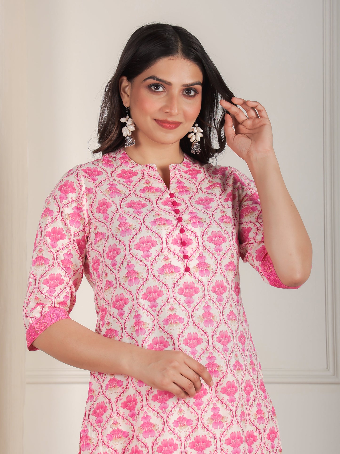 Soft Cotton Floral Straight Pink Kurta