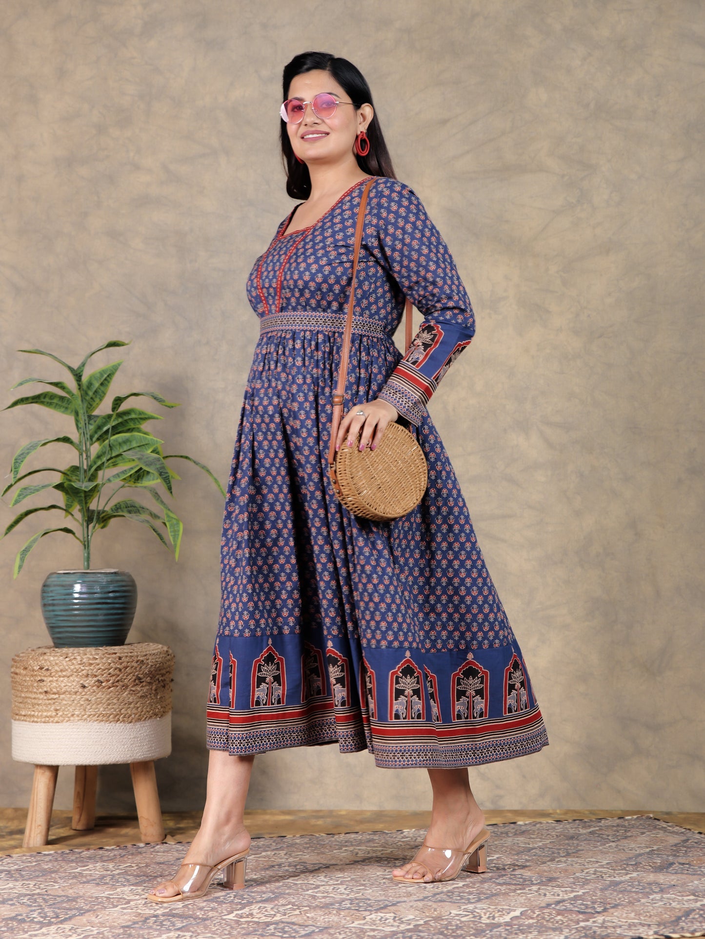 Soft Cotton Butti Anarkali Blue Dress