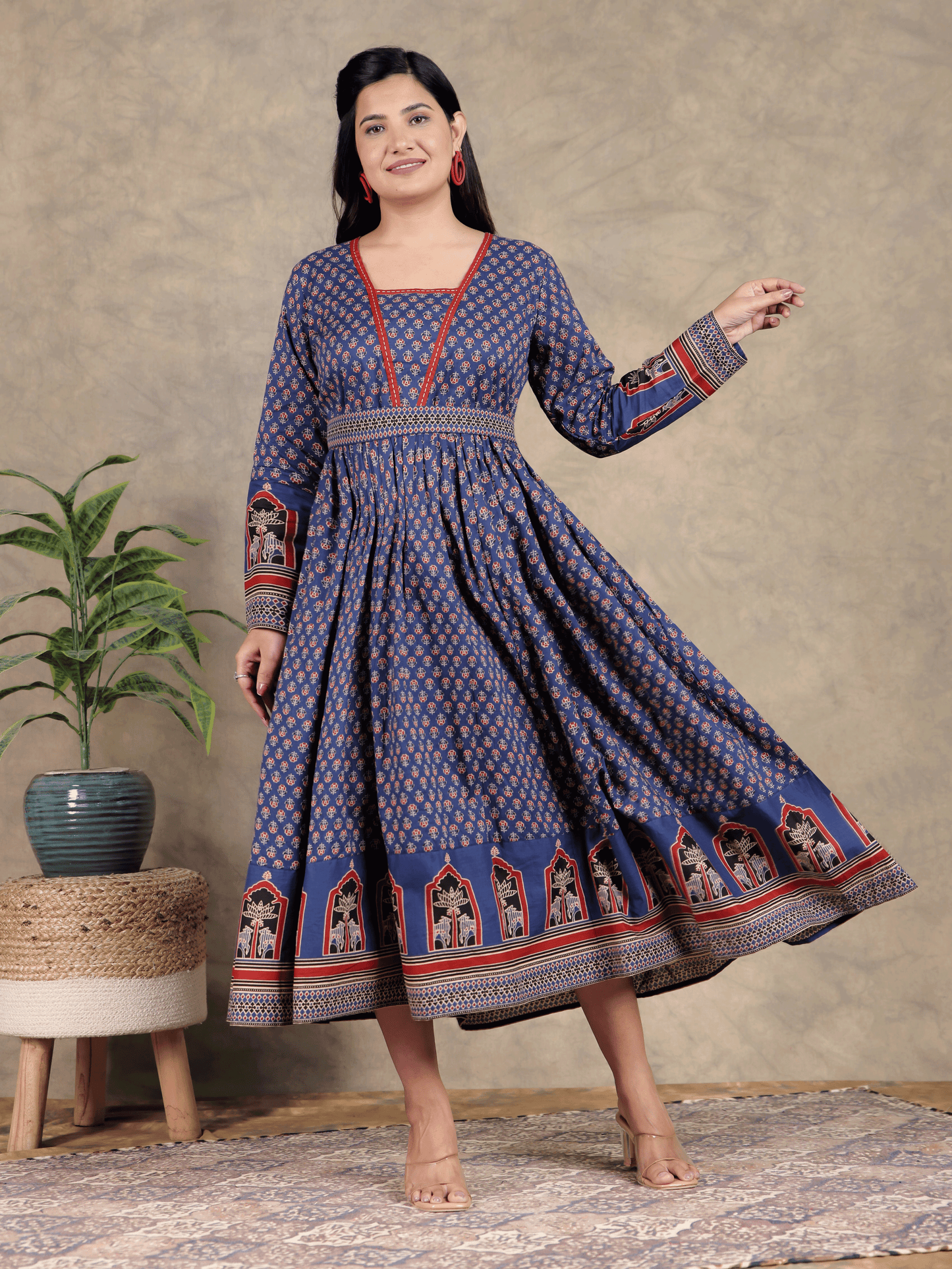 Soft Cotton Butti Anarkali Blue Dress
