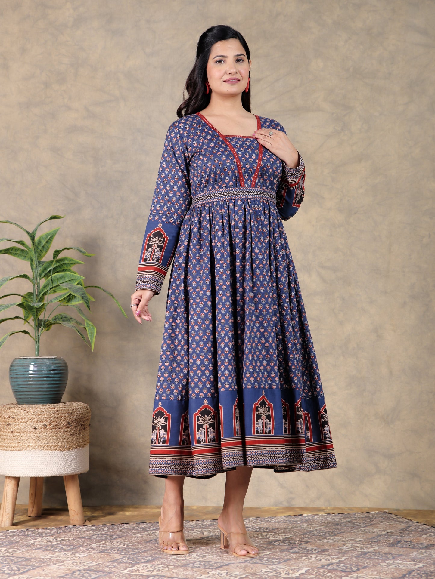Soft Cotton Butti Anarkali Blue Dress
