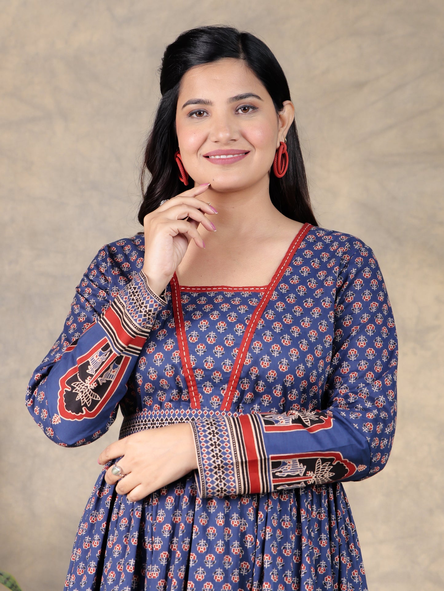 Soft Cotton Butti Anarkali Blue Dress